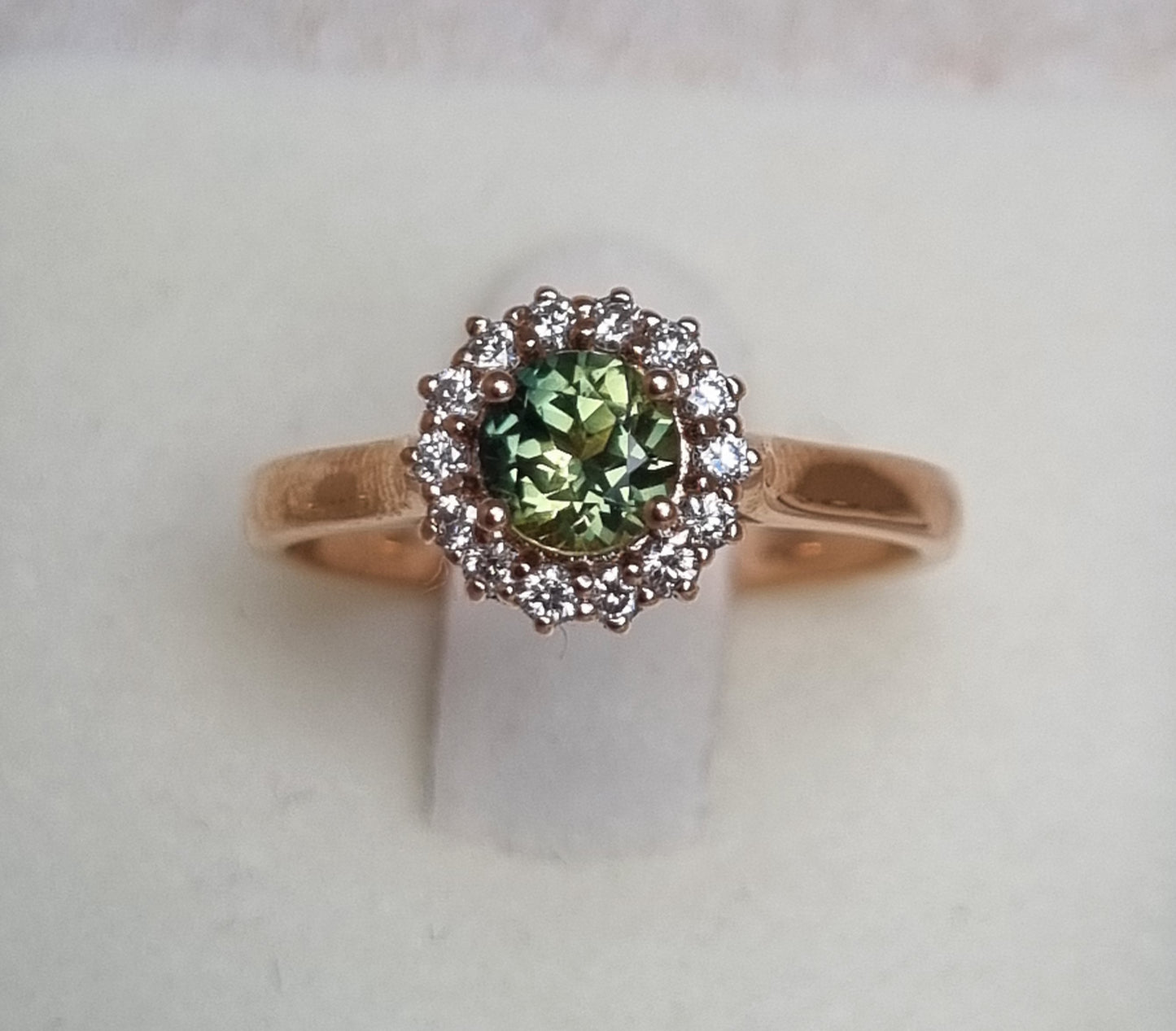 Green Parti Sapphire with Diamond Halo in Pink Gold Ring