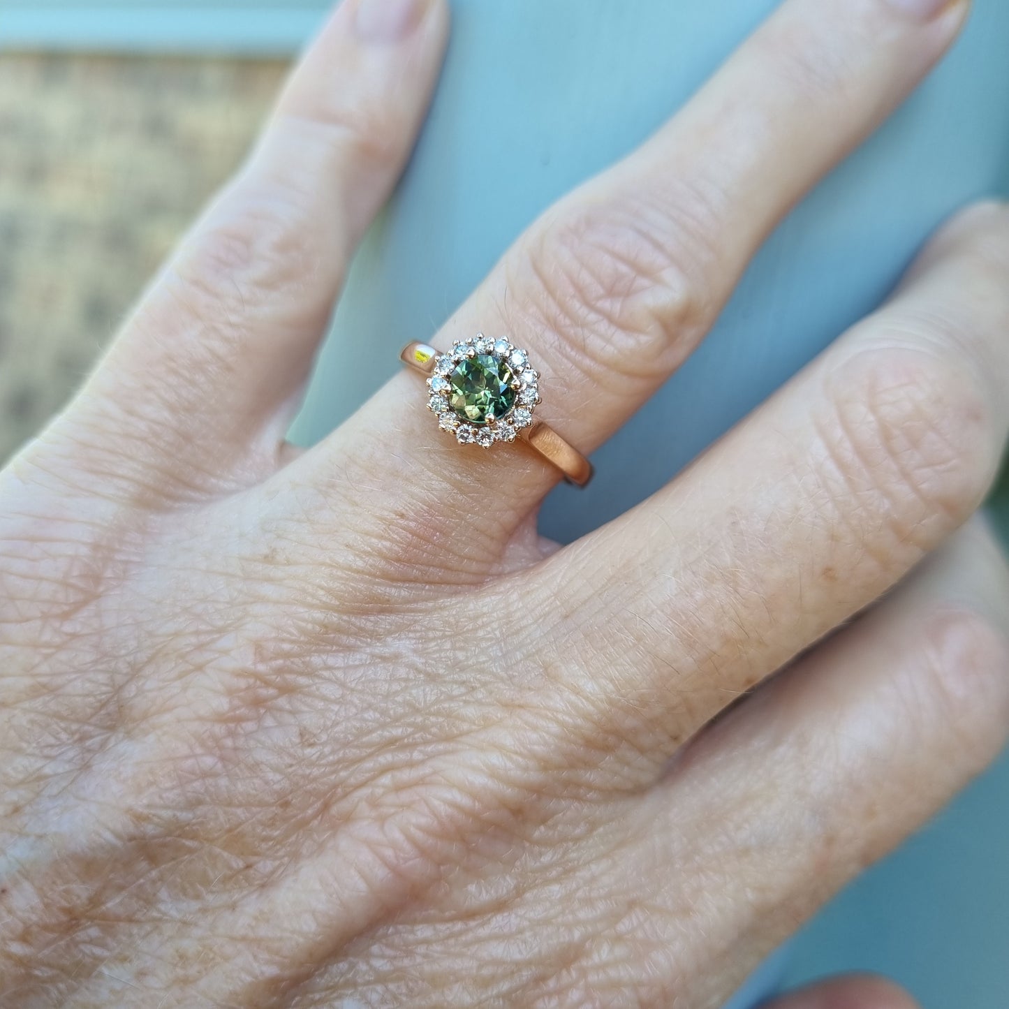 Green Parti Sapphire with Diamond Halo in Pink Gold Ring