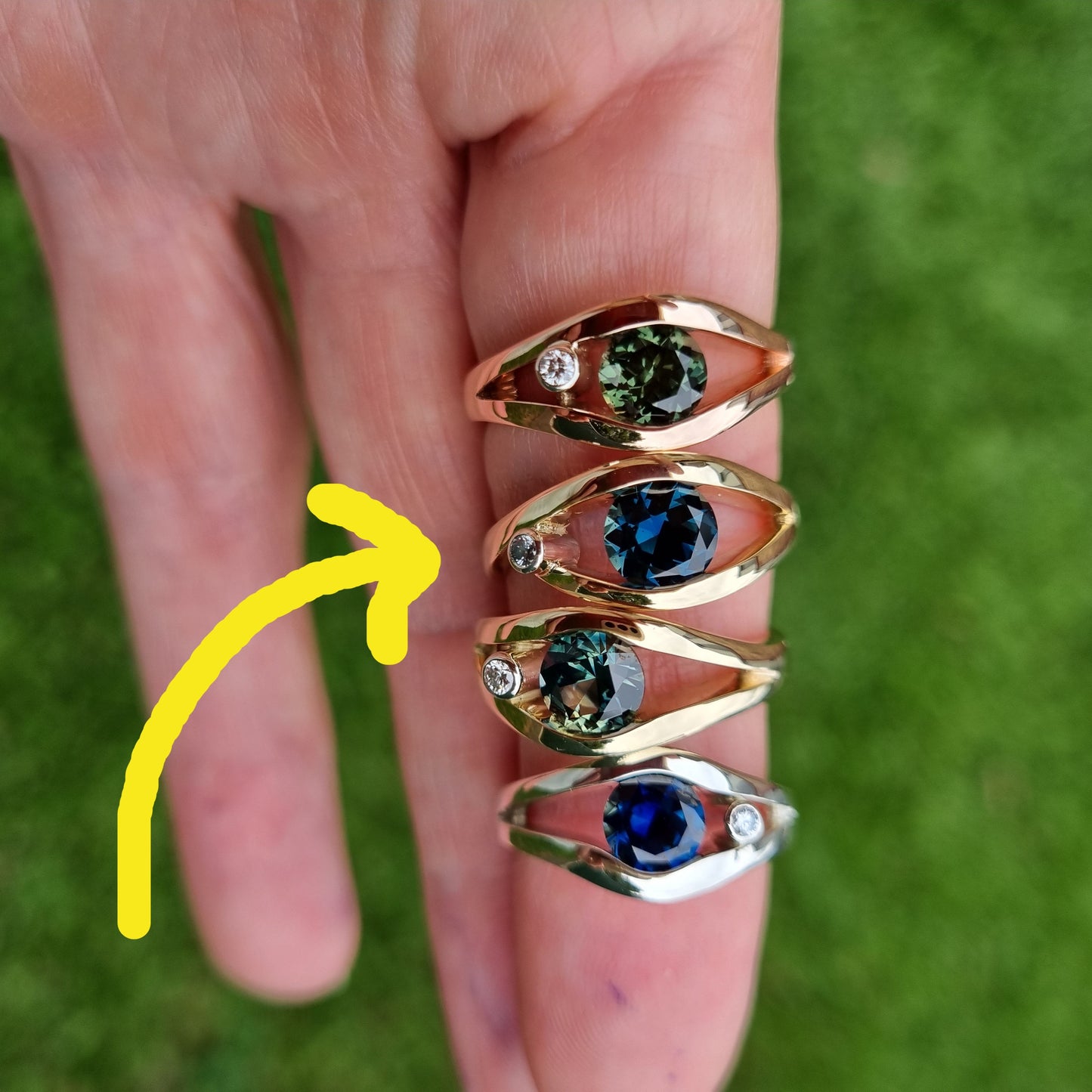 Teal Blue Sapphire in Yellow Gold Tension Design Ring Design Ref: EBS466-4