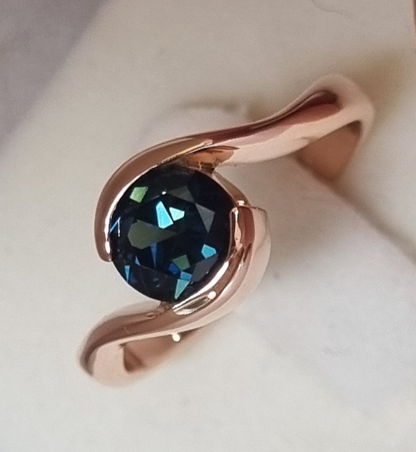 Half Wrap Style Queensland Blue/Green Parti Sapphire in Rose Gold Ring #01697