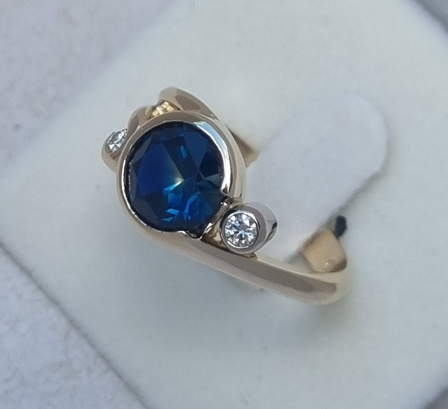 Gold Curls Design Ring with Blue Sapphire and Diamonds Design Ref: EBS467-6
