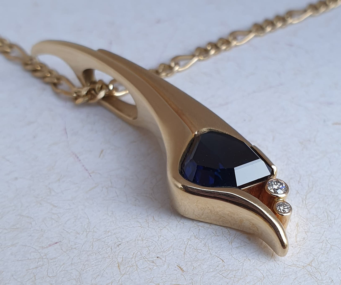 Shield Cut Natural Blue Sapphire & Diamond Contemporary Pendant