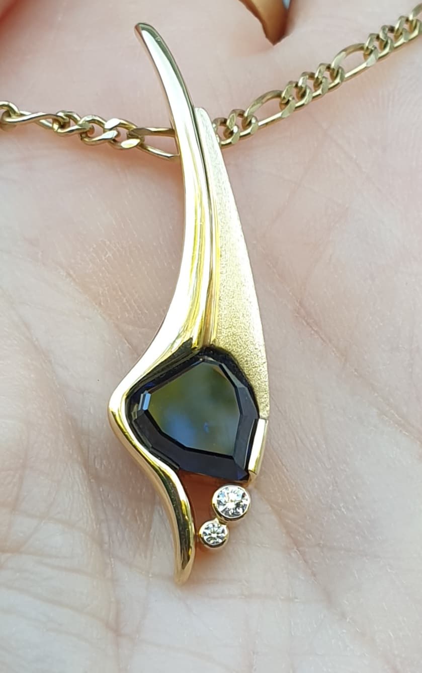 Shield Cut Natural Blue Sapphire & Diamond Contemporary Pendant
