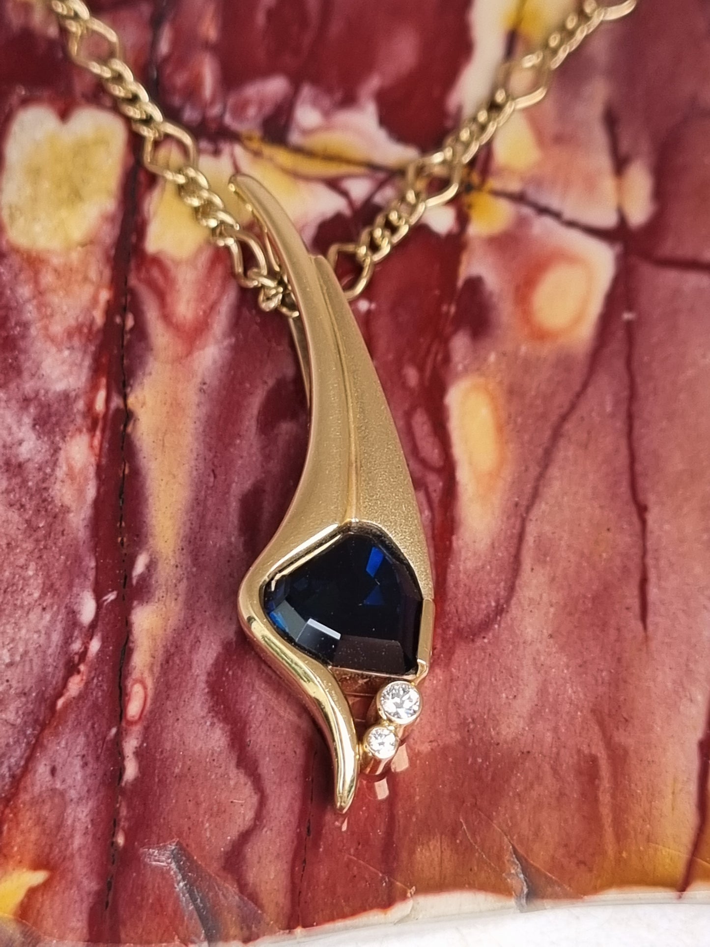 Shield Cut Natural Blue Sapphire & Diamond Contemporary Pendant