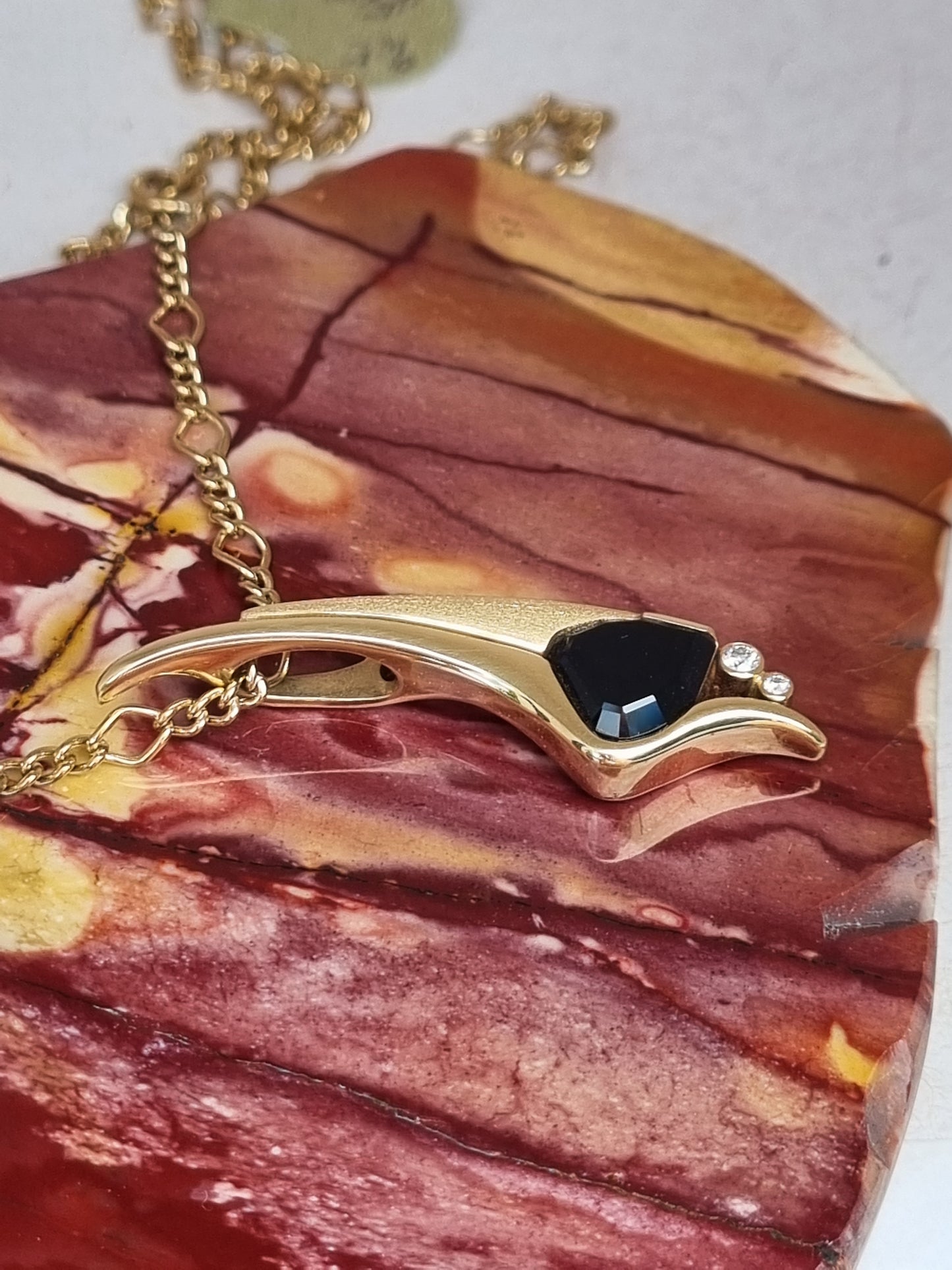 Shield Cut Natural Blue Sapphire & Diamond Contemporary Pendant