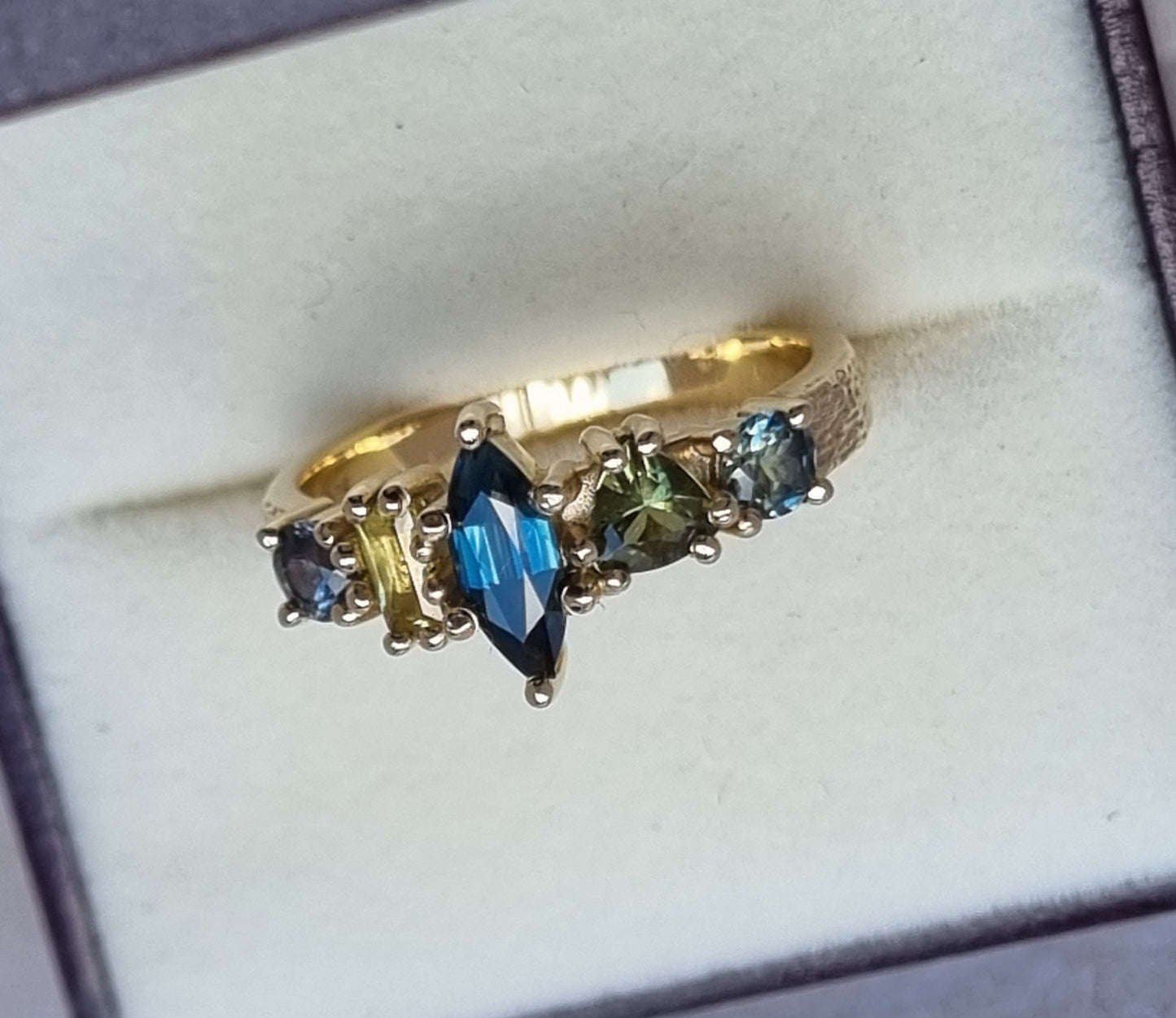 Colourful Sapphire Multistone ring with textured band #01051