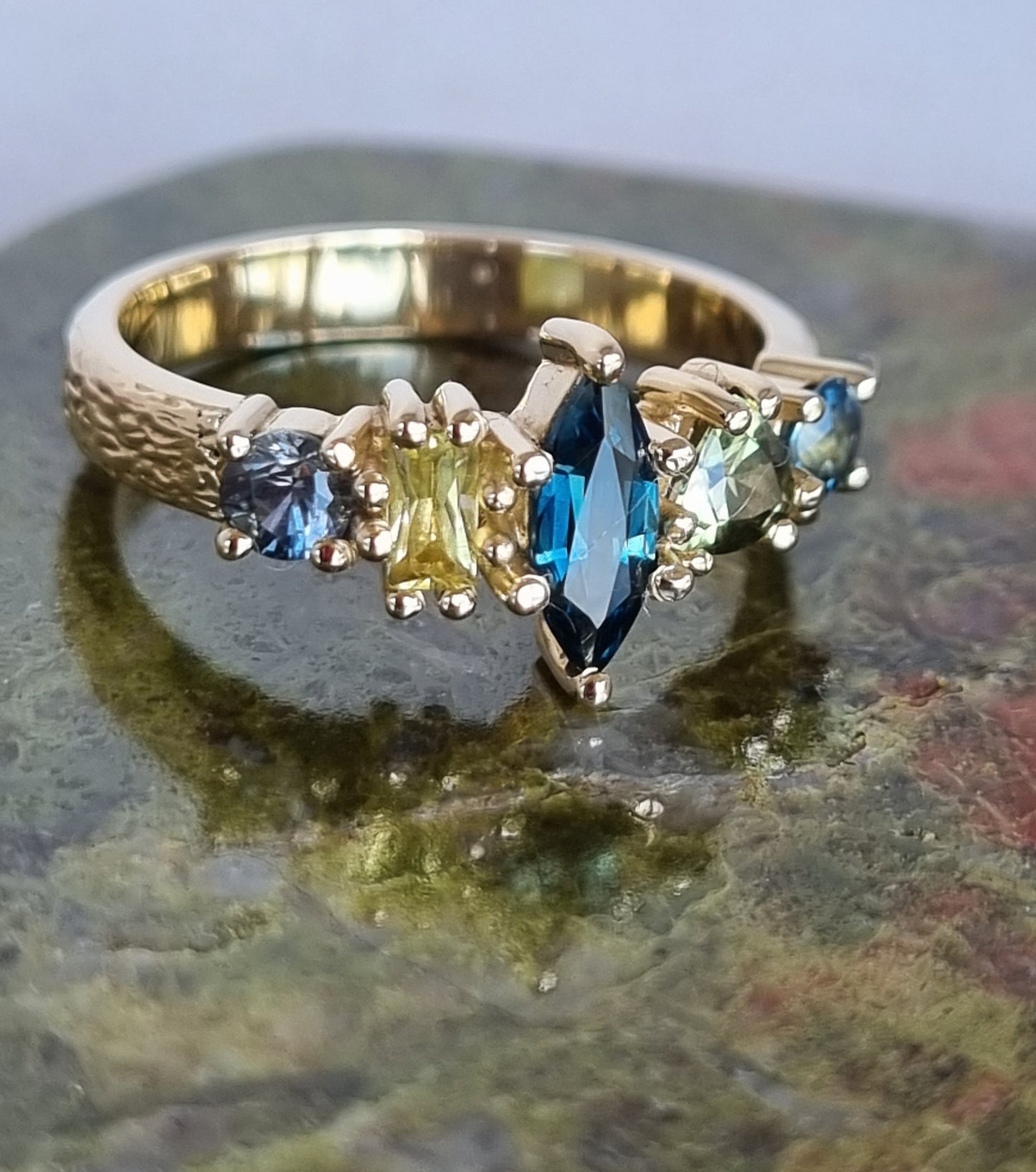 Colourful Sapphire Multistone ring with textured band #01051