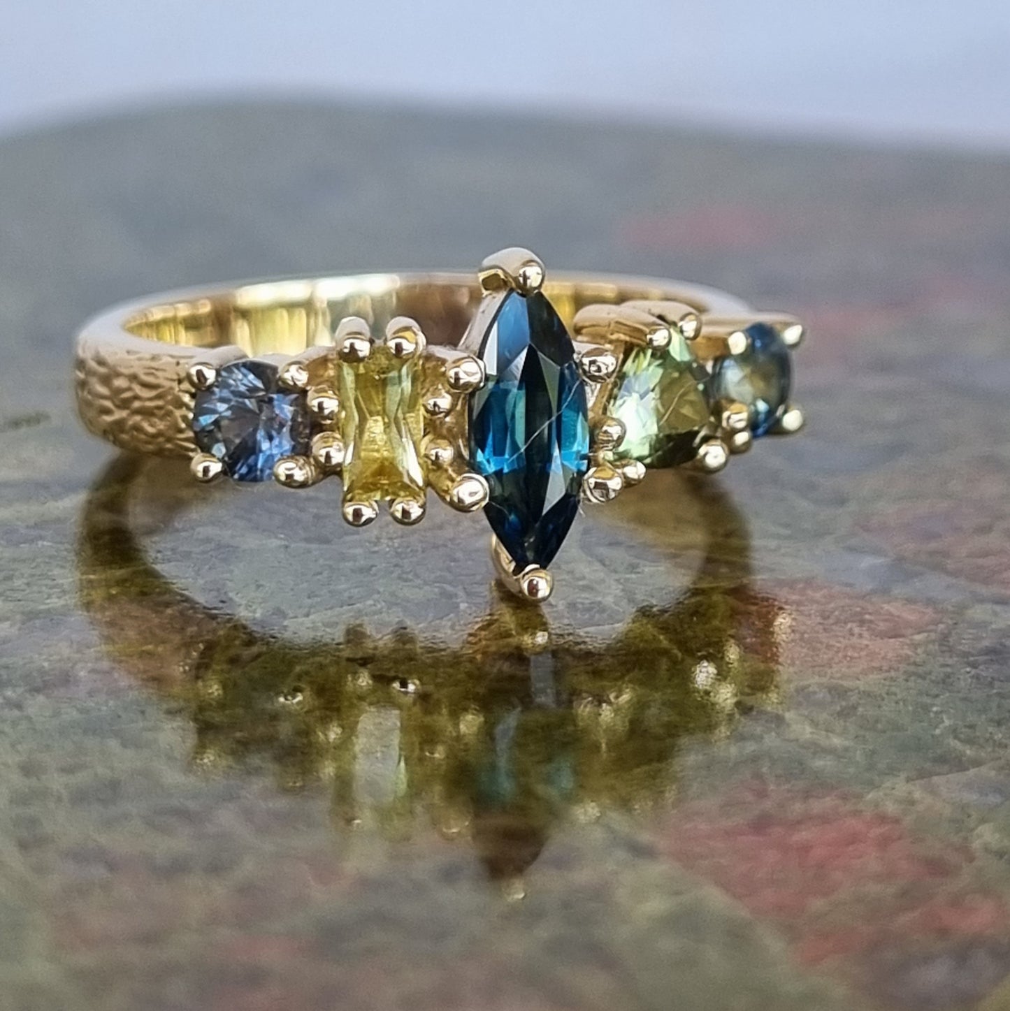 Colourful Sapphire Multistone ring with textured band #01051