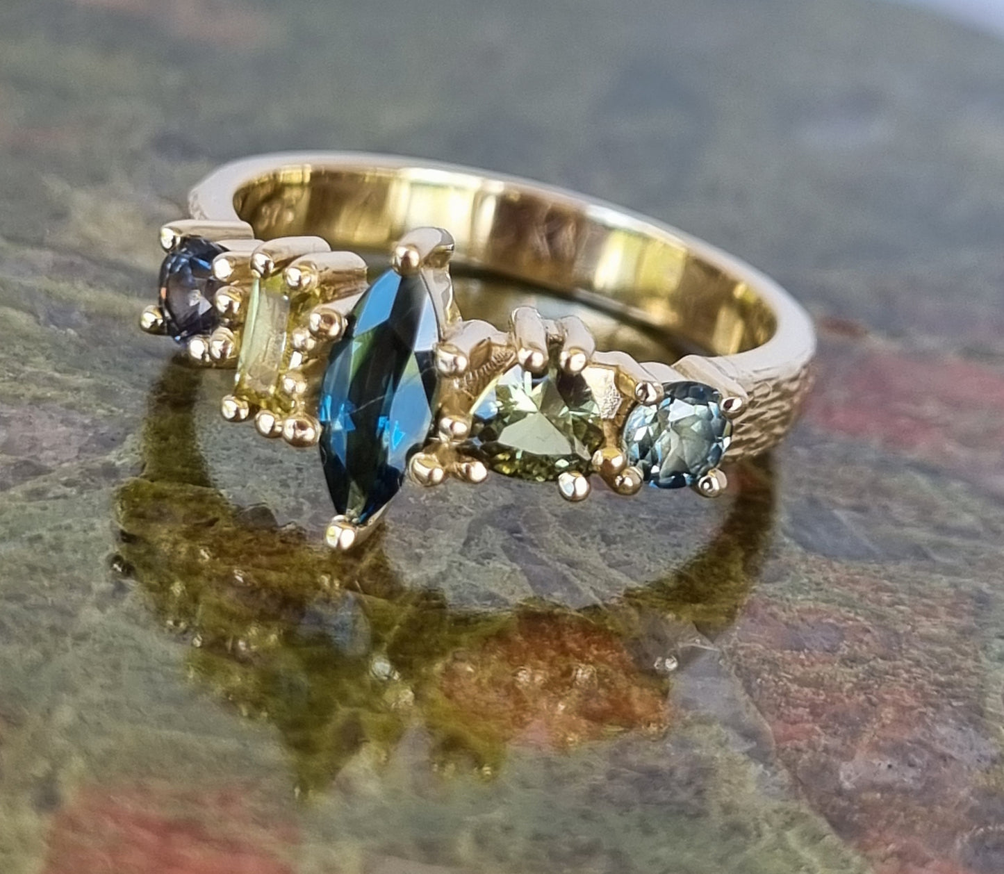 Colourful Sapphire Multistone ring with textured band #01051