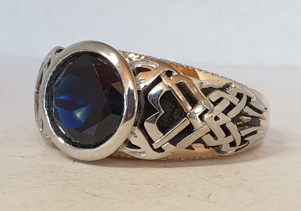 Blue Sapphire with 'Pharaoh's eye' Celtic Tattoo Style Ring