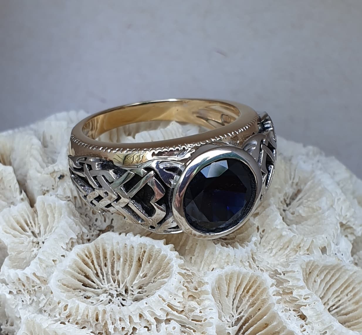 Blue Sapphire with 'Pharaoh's eye' Celtic Tattoo Style Ring