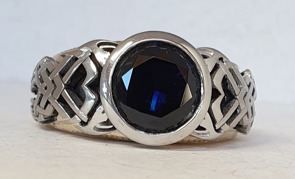 Blue Sapphire with 'Pharaoh's eye' Celtic Tattoo Style Ring