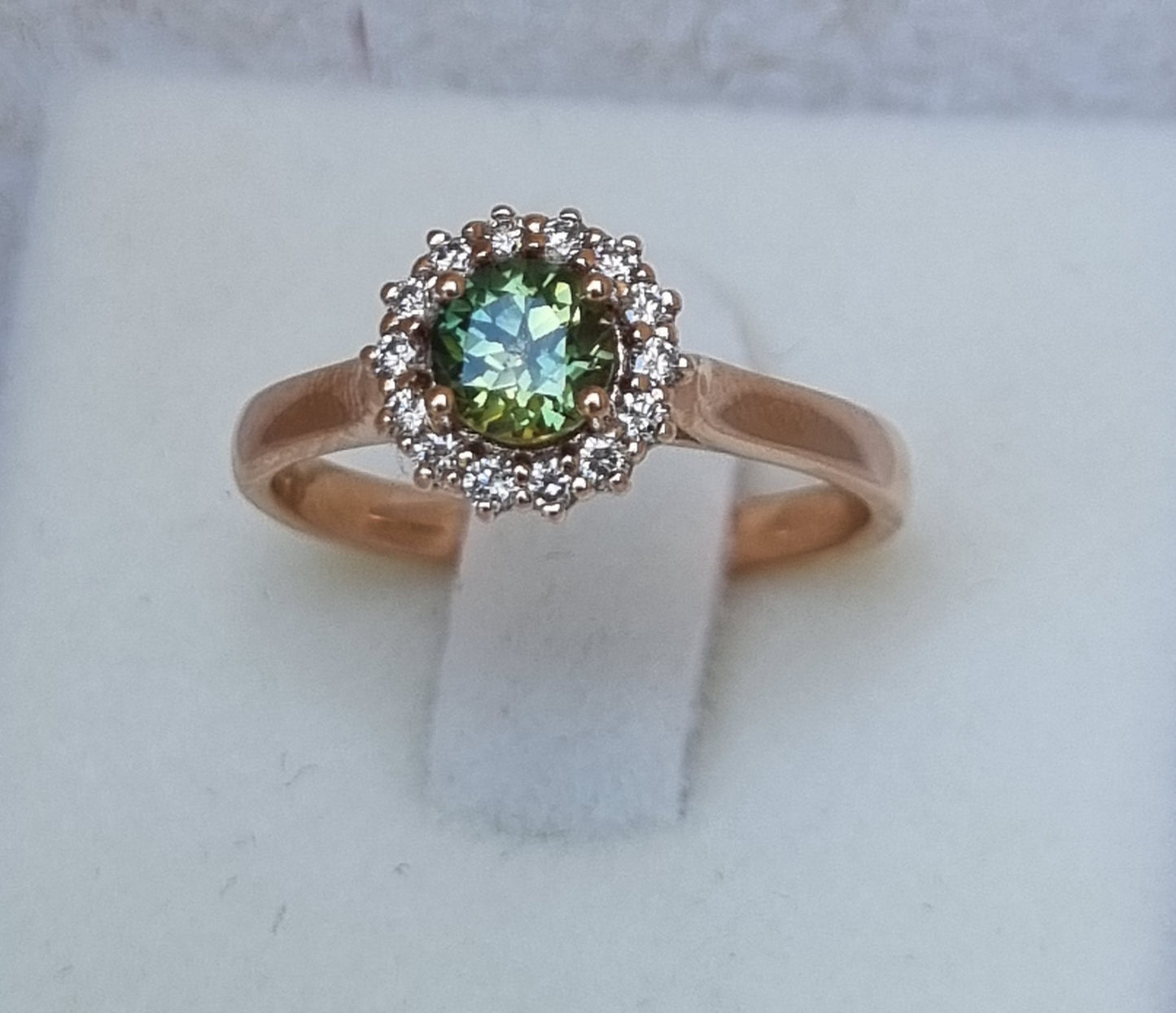 Green Parti Sapphire with Diamond Halo in Pink Gold Ring