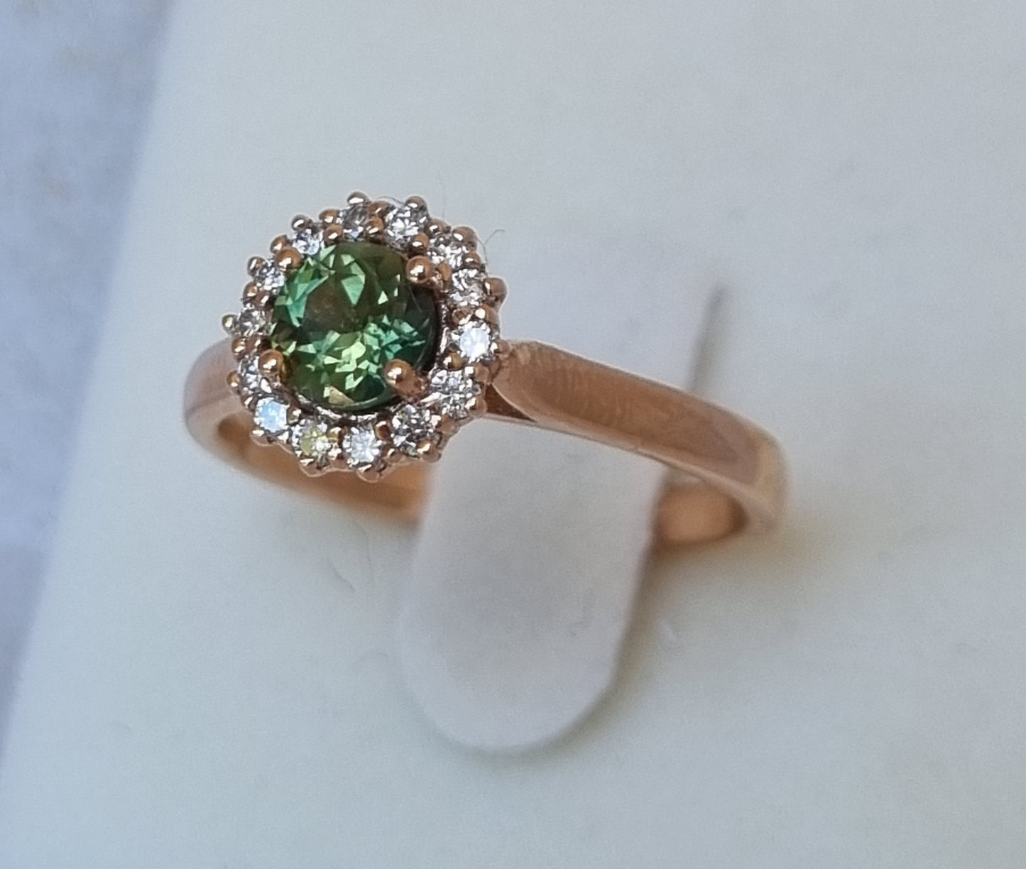Green Parti Sapphire with Diamond Halo in Pink Gold Ring