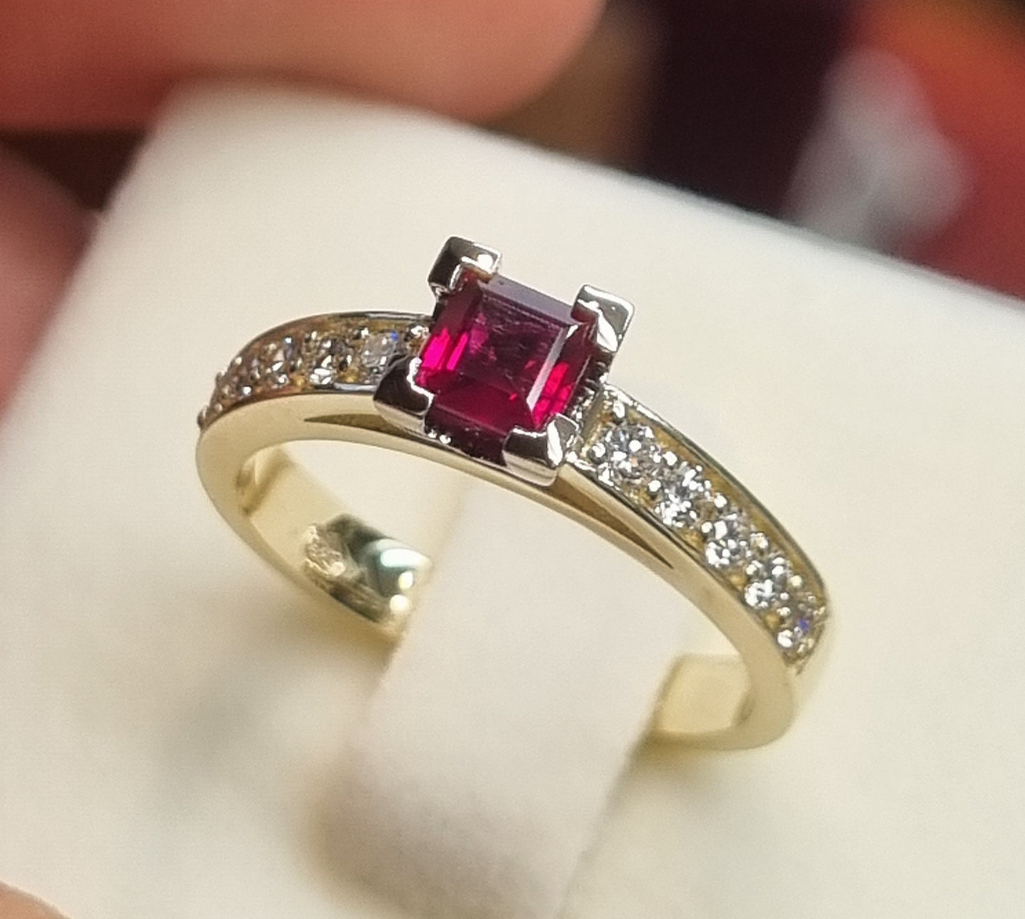 Princess cut Natural Ruby ring with Diamond shoulder strips          Design Ref: D45/46