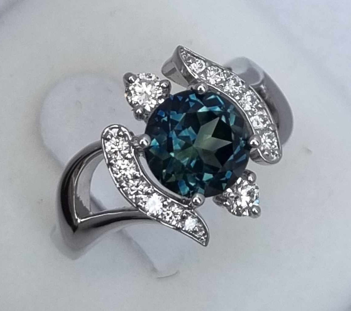 Exquisite Blue/Green Parti-colour Sapphire and Diamond Platinum Ring   Design Ref#01863