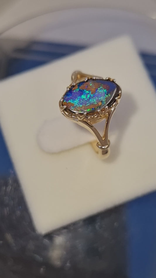 Antique Gallery Style Queensland 'Rock Pool' Boulder Opal Solitaire ring     Design Ref:  Y-gallerystrip