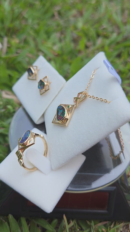 Queensland Boulder Opal Geometric design Ring/Pendant/Earring set   Ref: #1726