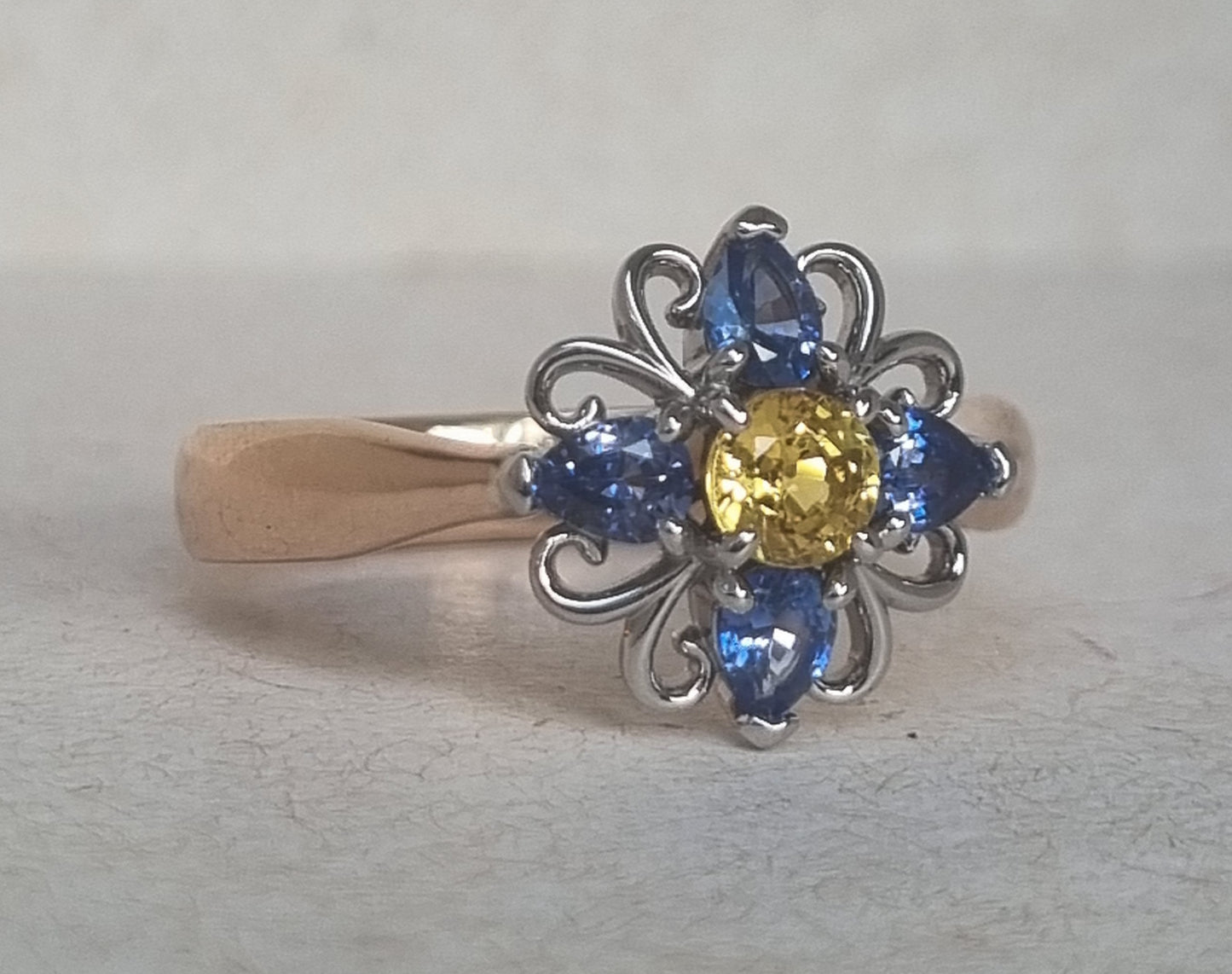 Bright and Colourful Ceylon Sapphire Flower design Ring                               Design Ref #018100