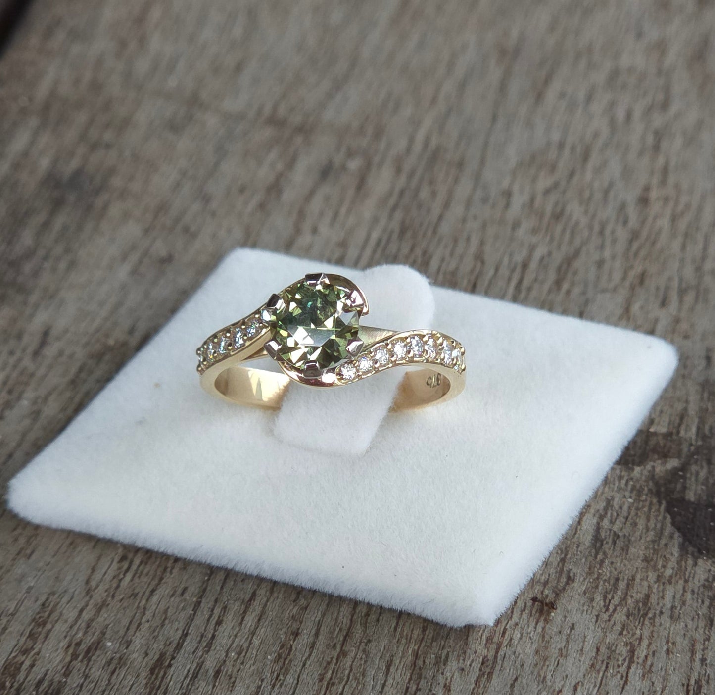 Half wrap Diamond band Yellow / Green Parti Sapphire ring   Design Ref: #01594