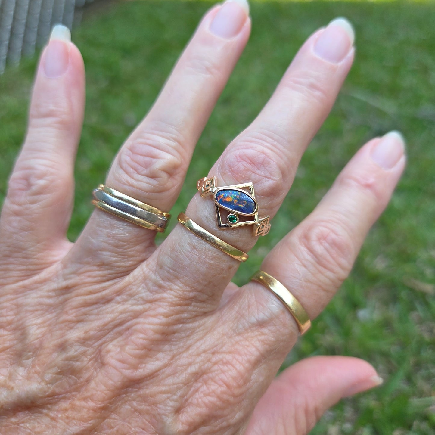 Queensland Boulder Opal Geometric design Ring/Pendant/Earring set   Ref: #1726