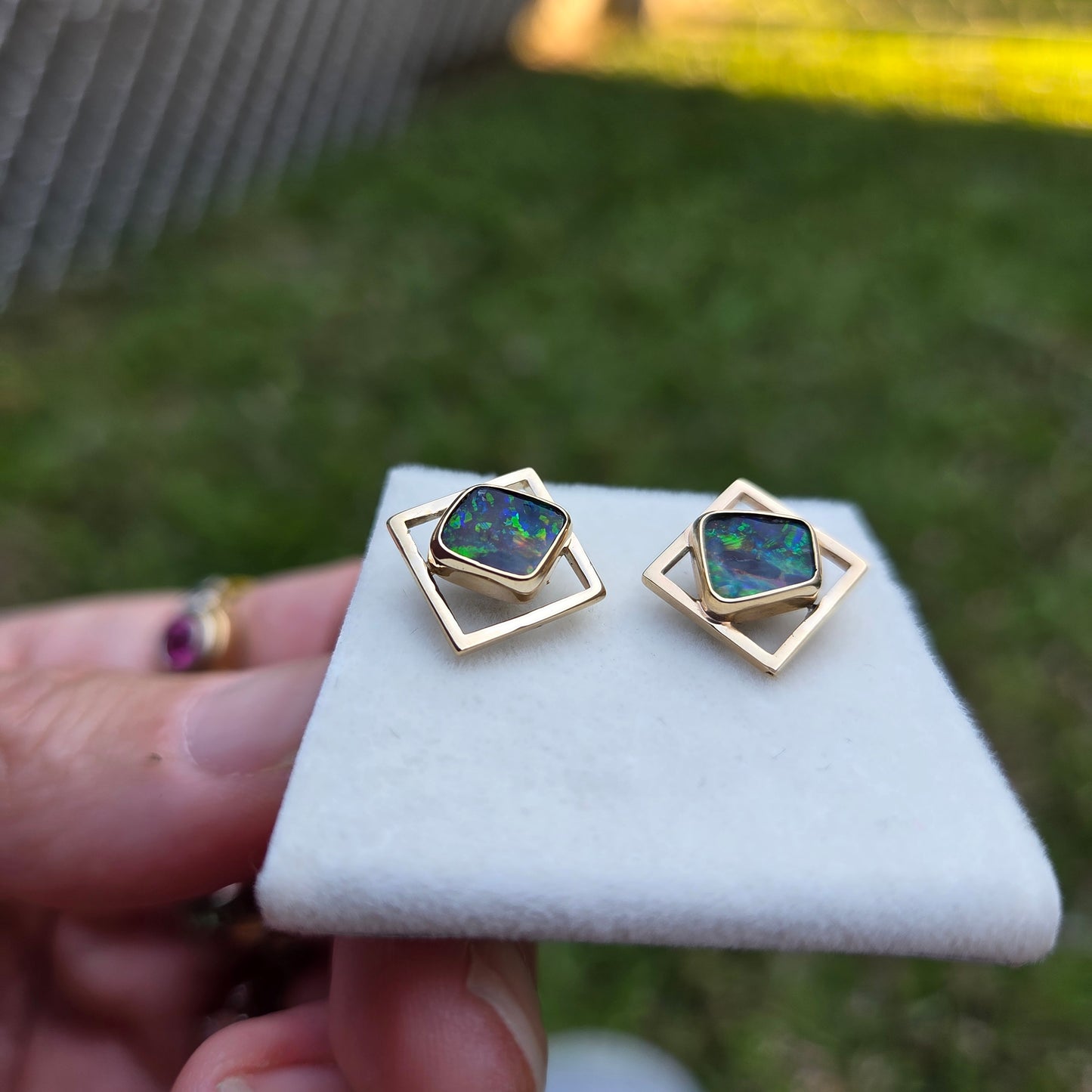 Queensland Boulder Opal Geometric design Ring/Pendant/Earring set   Ref: #1726