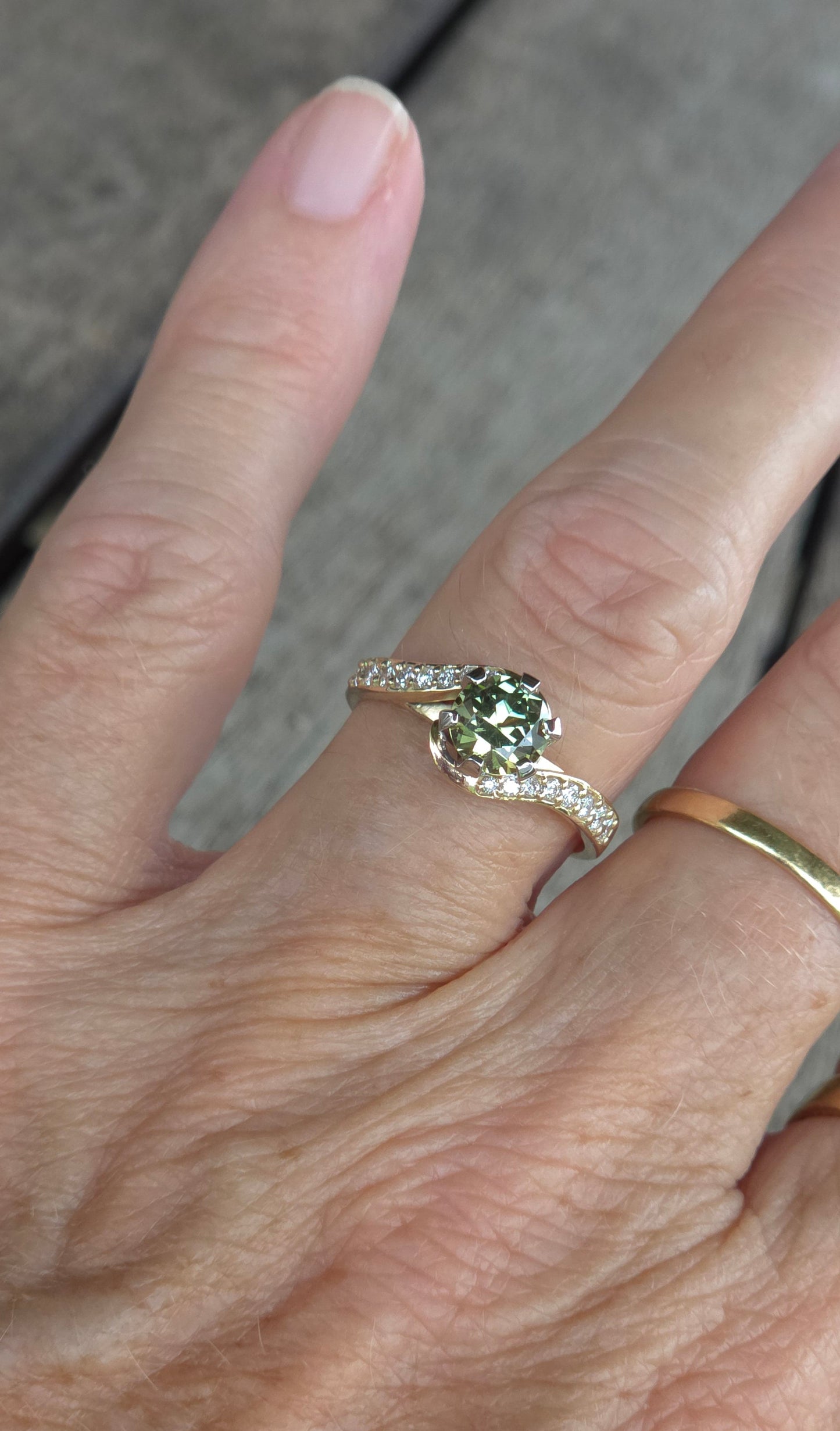 Half wrap Diamond band Yellow / Green Parti Sapphire ring   Design Ref: #01594