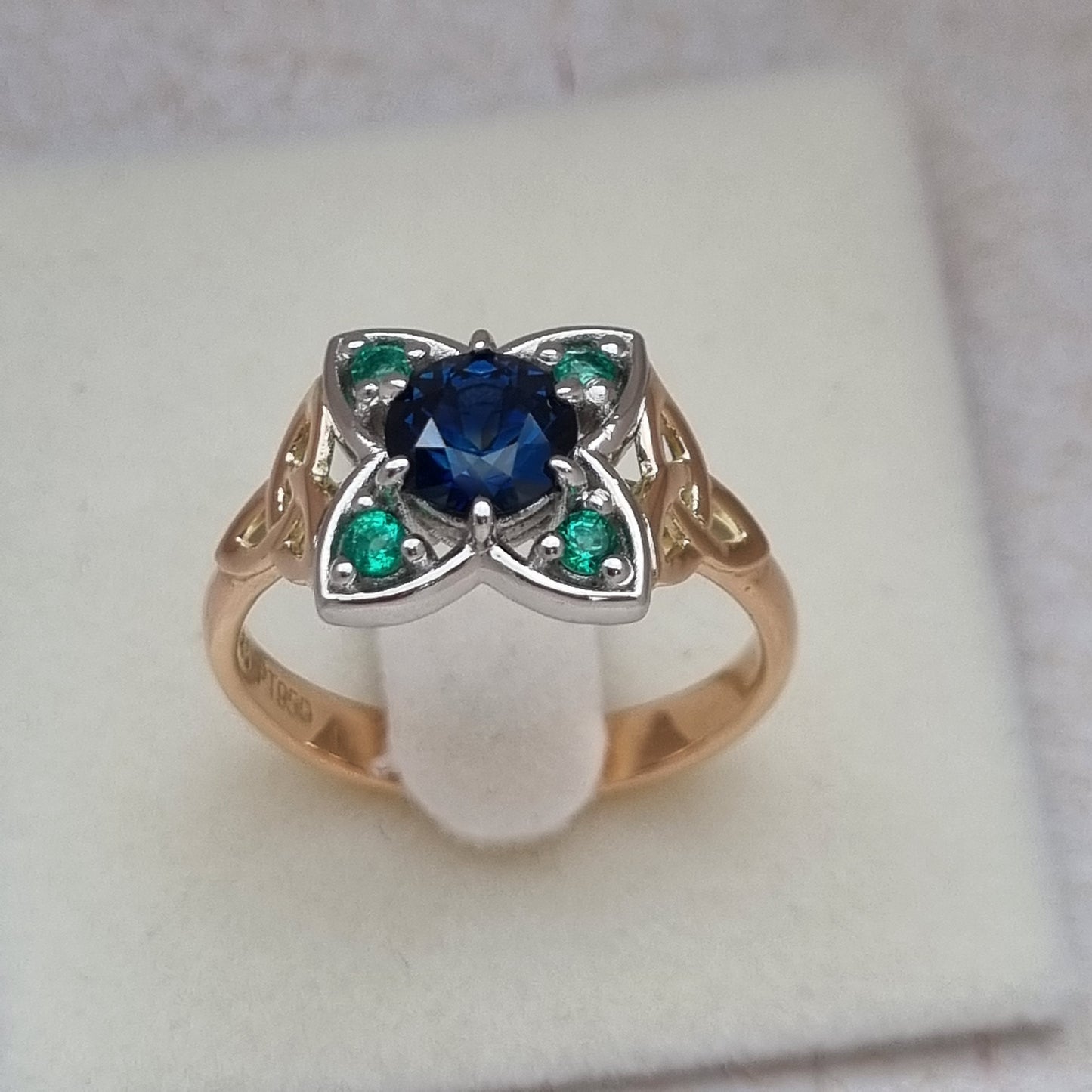 Celtic Triquetra design Blue Sapphire and Emerald ring      Design Ref:  #01682