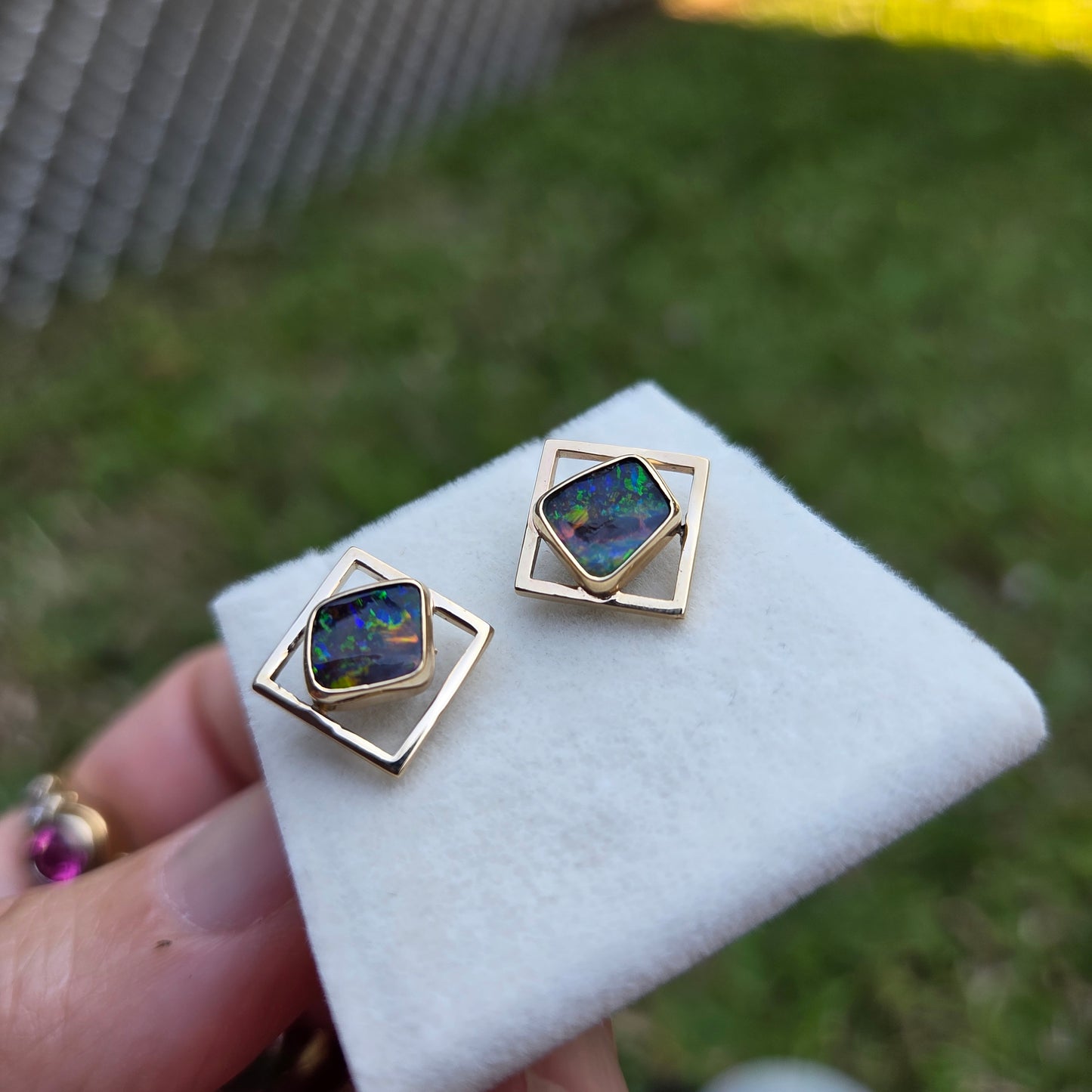 Queensland Boulder Opal Geometric design Ring/Pendant/Earring set   Ref: #1726