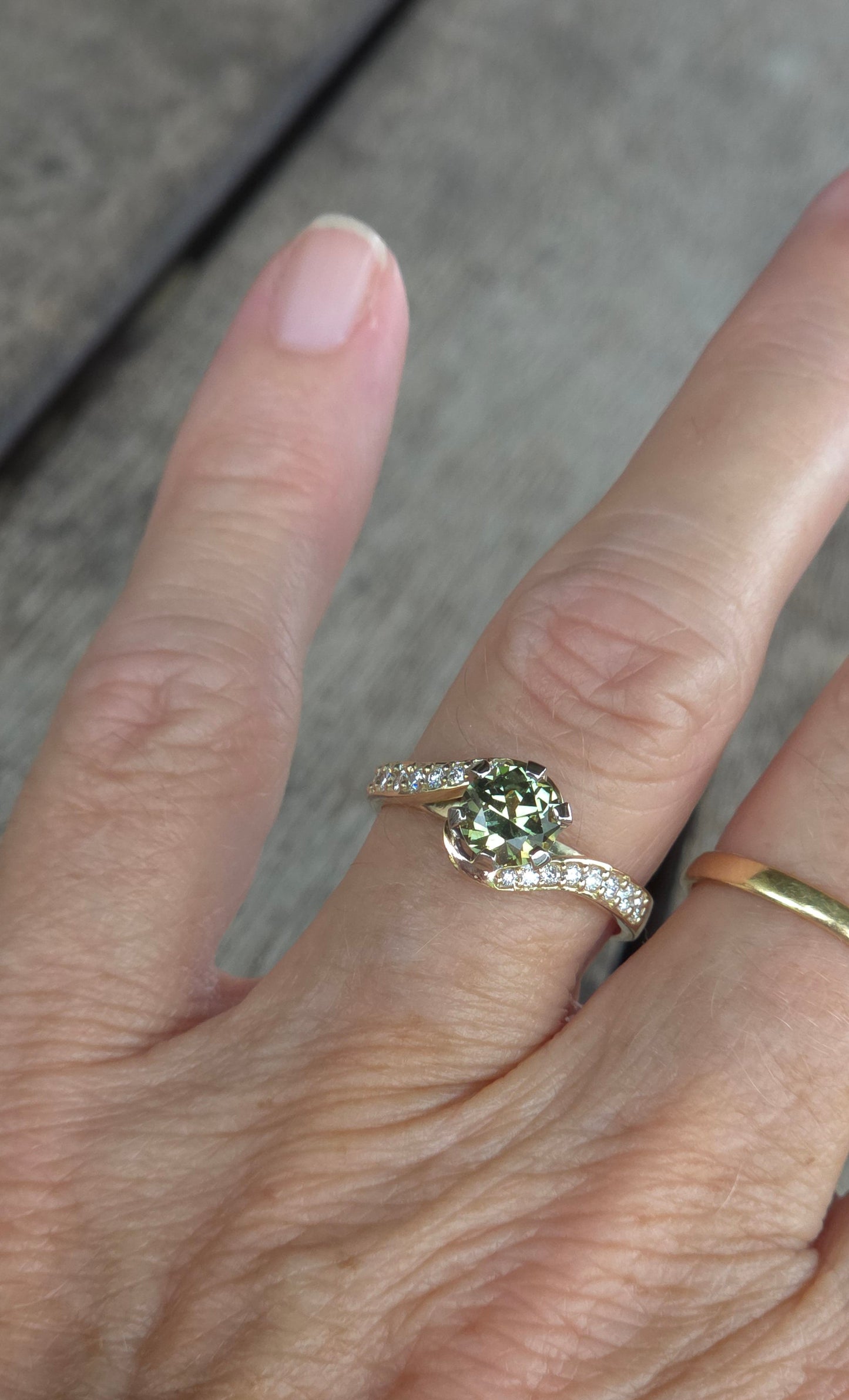 Half wrap Diamond band Yellow / Green Parti Sapphire ring   Design Ref: #01594