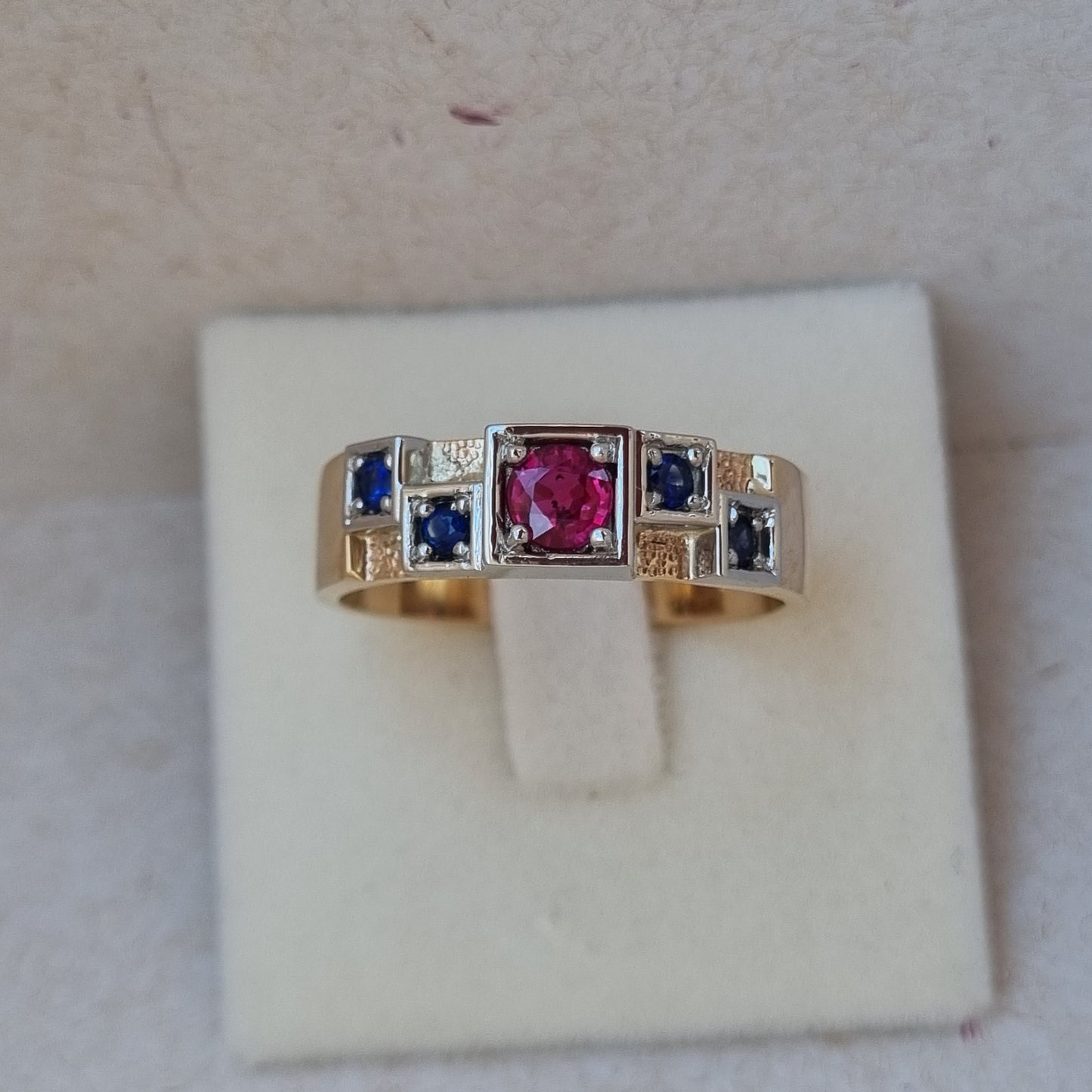 Checkerboard Design Ruby and Sapphire Gents Ring     Design Ref: #01695