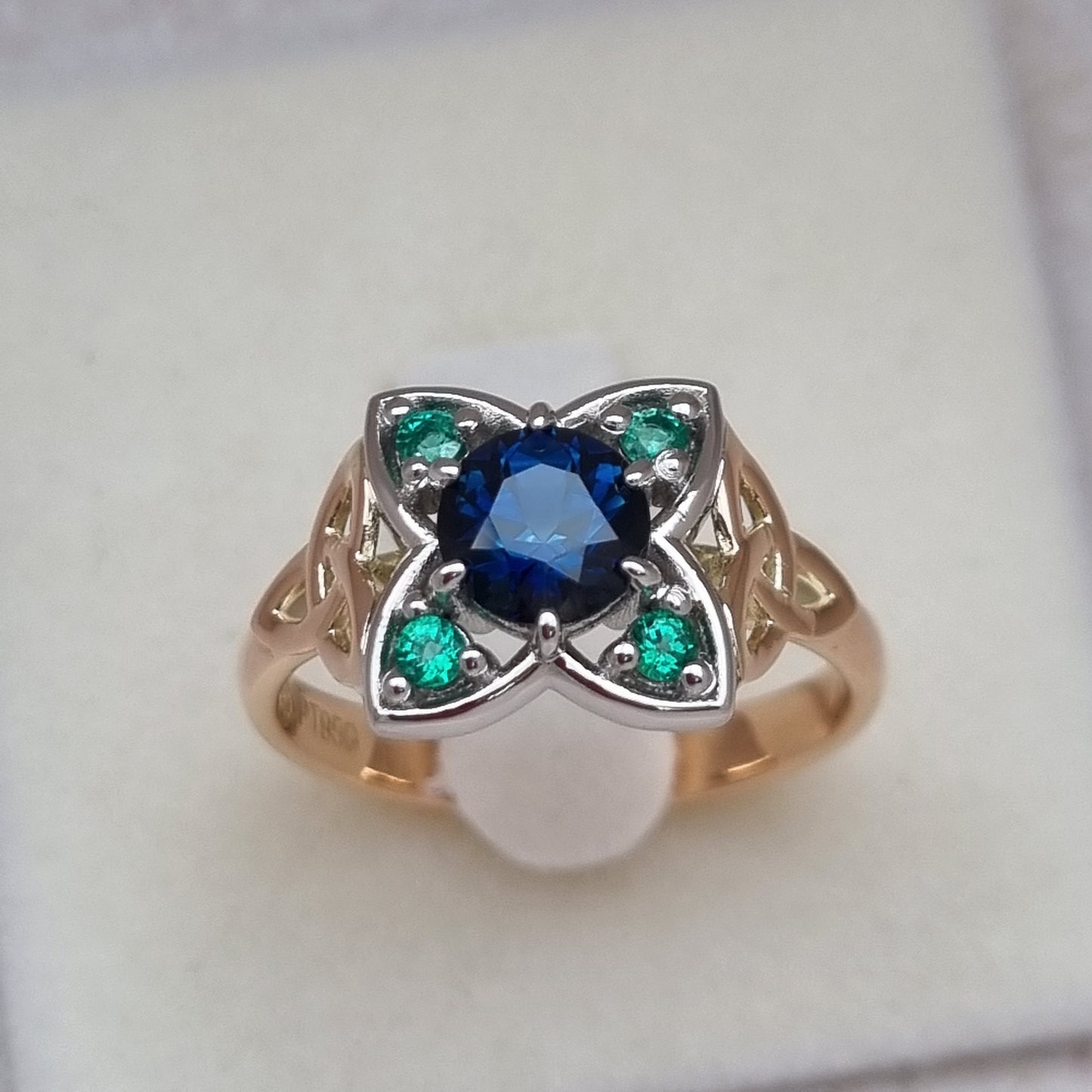 Celtic Triquetra design Blue Sapphire and Emerald ring      Design Ref:  #01682