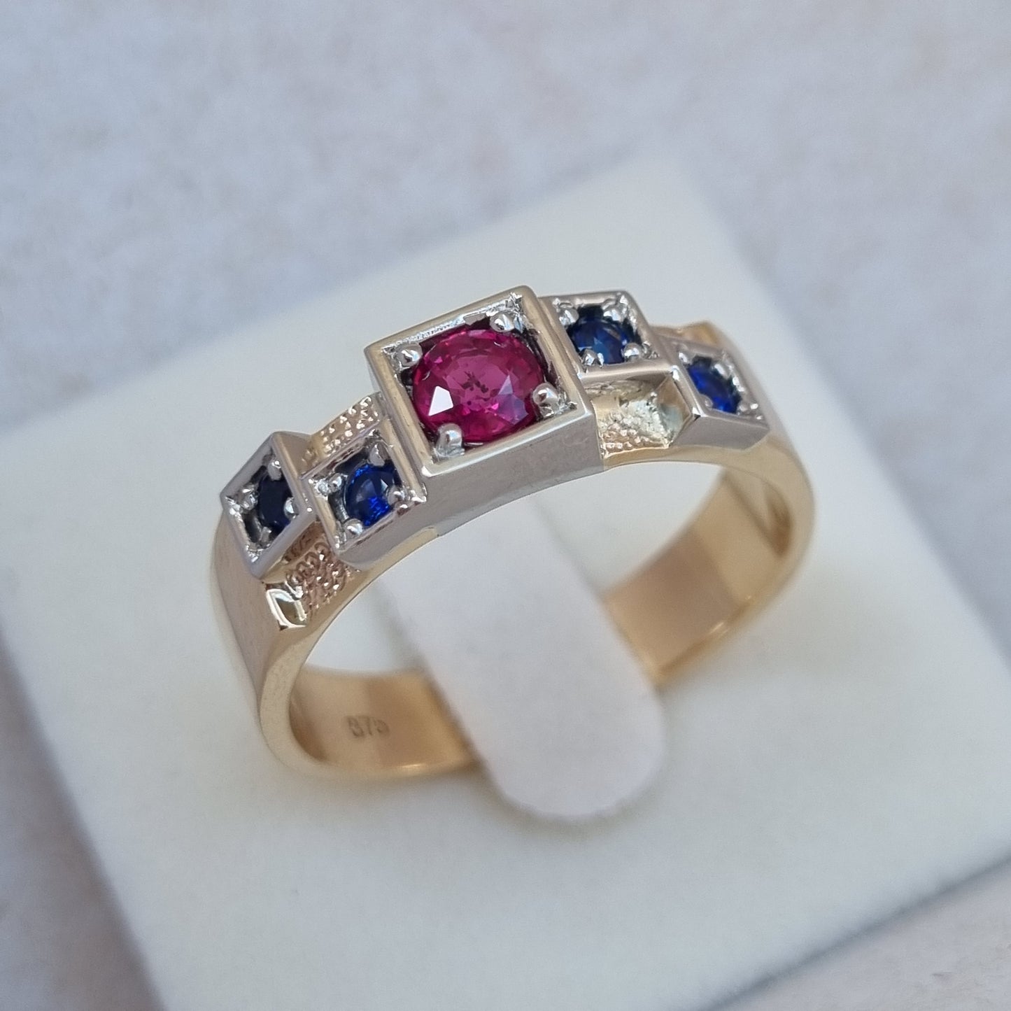 Checkerboard Design Ruby and Sapphire Gents Ring     Design Ref: #01695