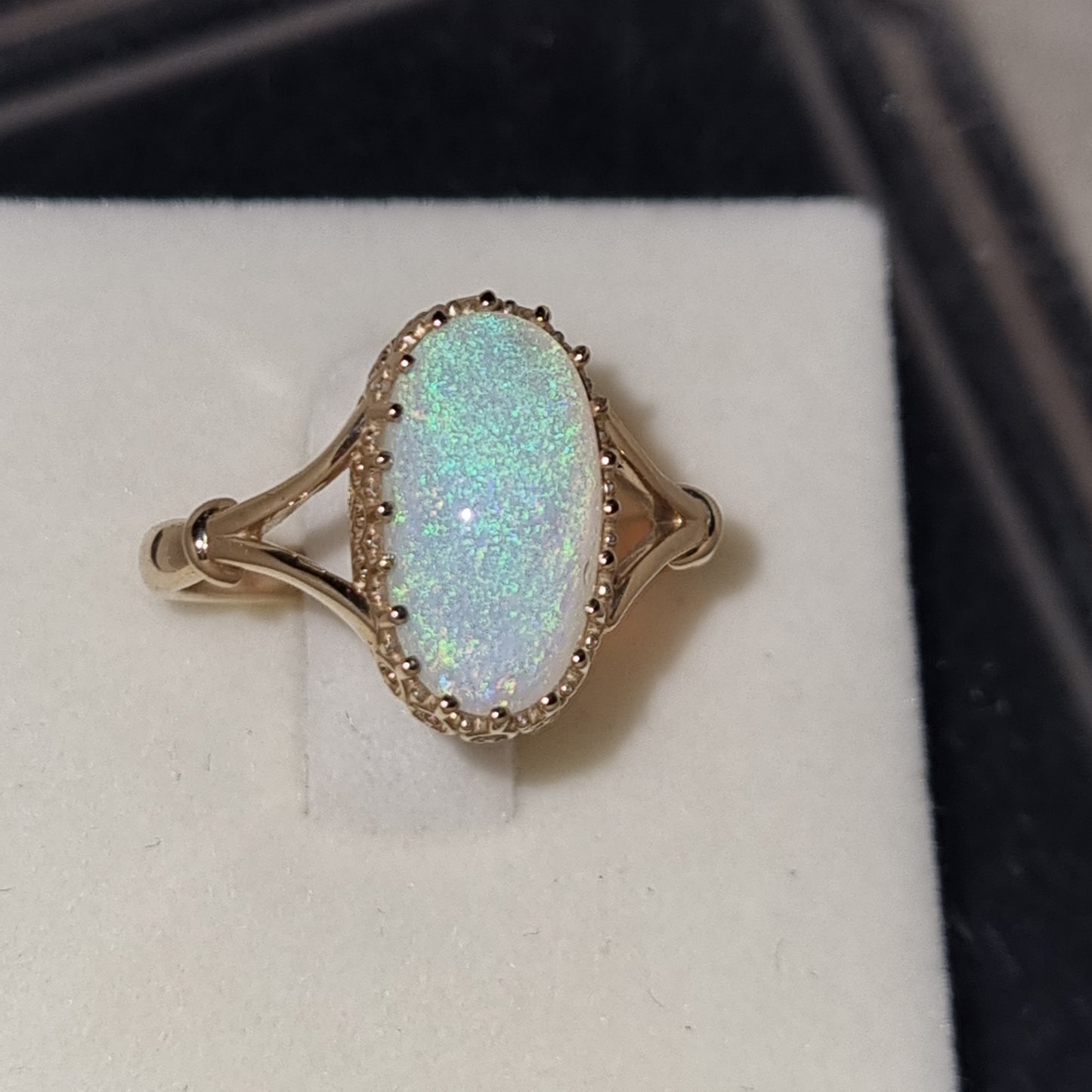 Antique Gallery Style Australian Crystal Opal Solitaire Ring     Design: Key-Gallery