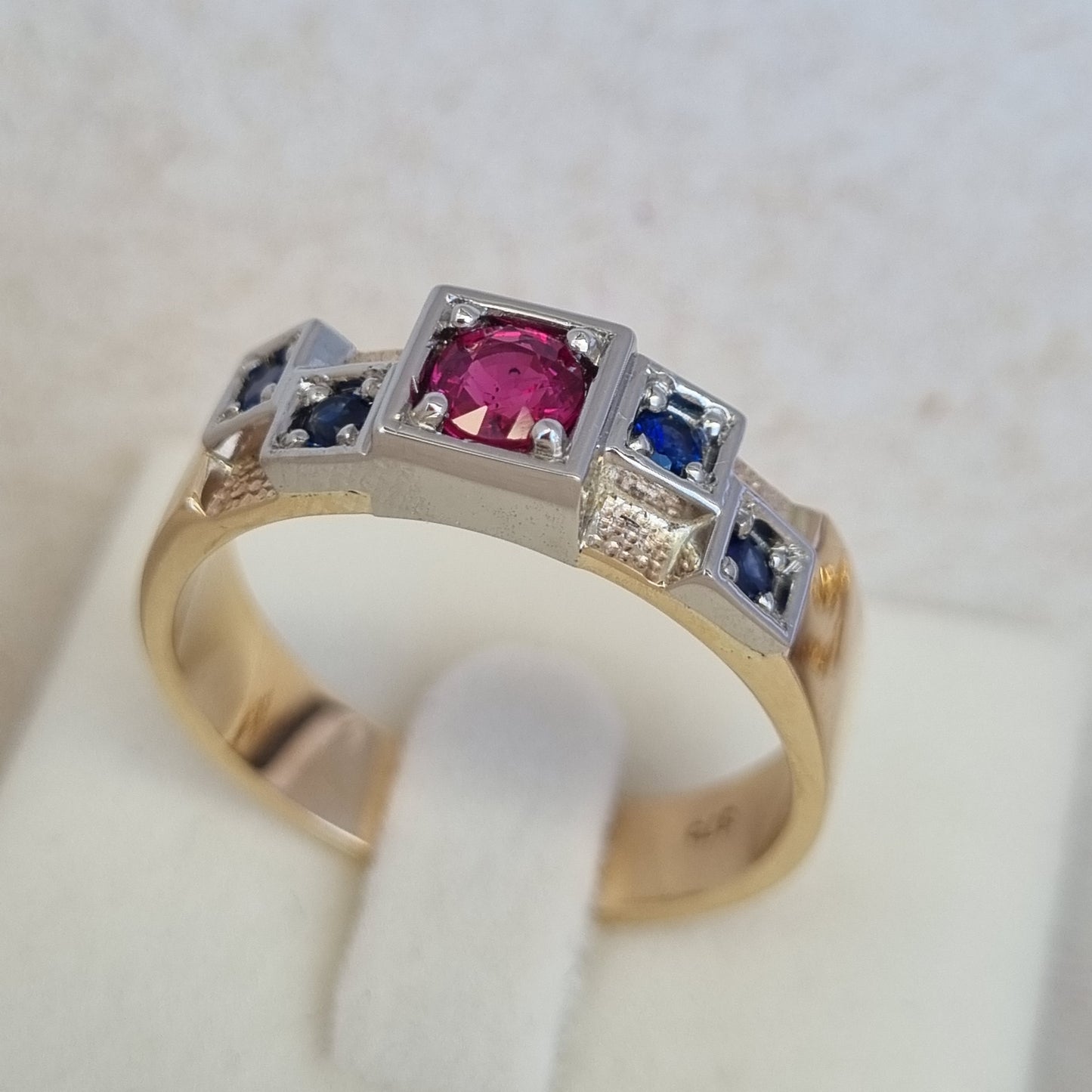 Checkerboard Design Ruby and Sapphire Gents Ring     Design Ref: #01695