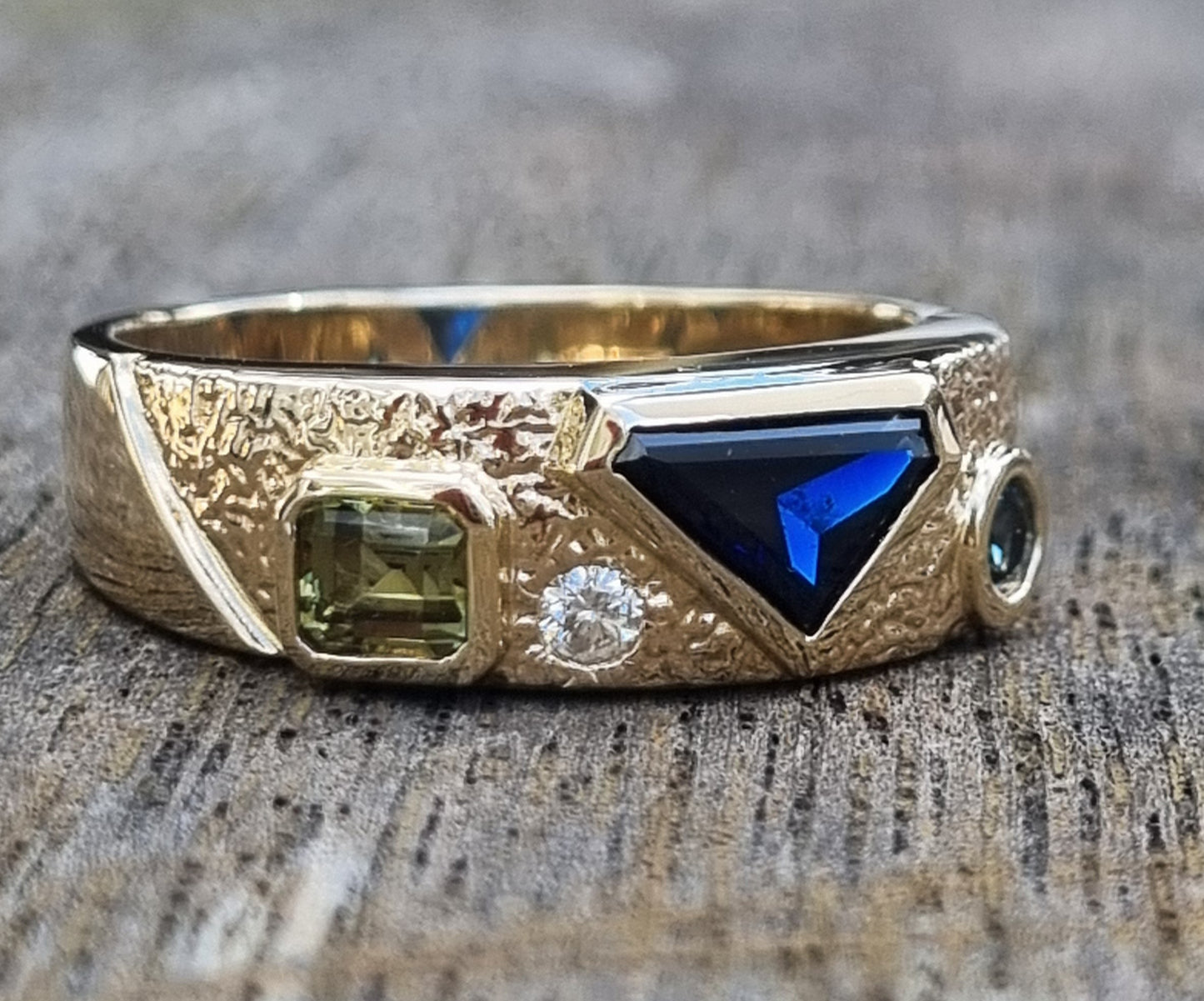 Artistic mixed Texture, Geometric Design Sapphire and Diamond Unisex Ring              Design Ref: #01819