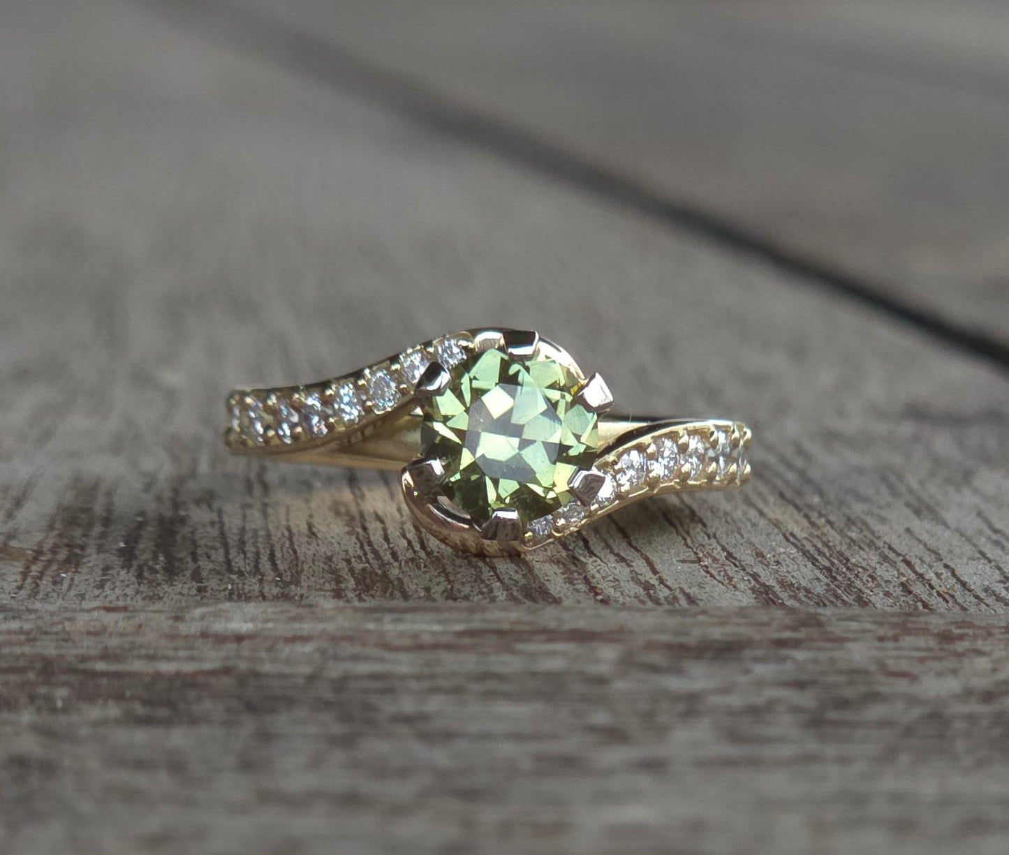 Half wrap Diamond band Yellow / Green Parti Sapphire ring   Design Ref: #01594
