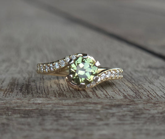Half wrap Diamond band Yellow / Green Parti Sapphire ring   Design Ref: #01594
