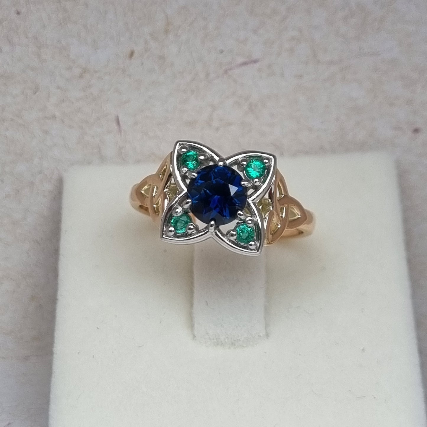 Celtic Triquetra design Blue Sapphire and Emerald ring      Design Ref:  #01682