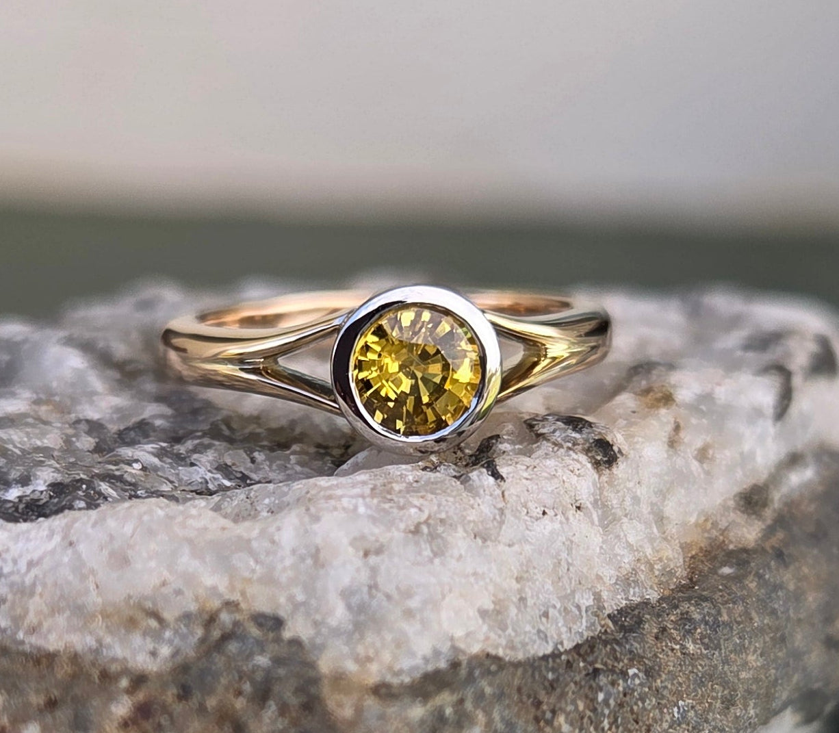 Yellow Sapphire Split Shank Solitaire Ring            Design Ref:  #01554