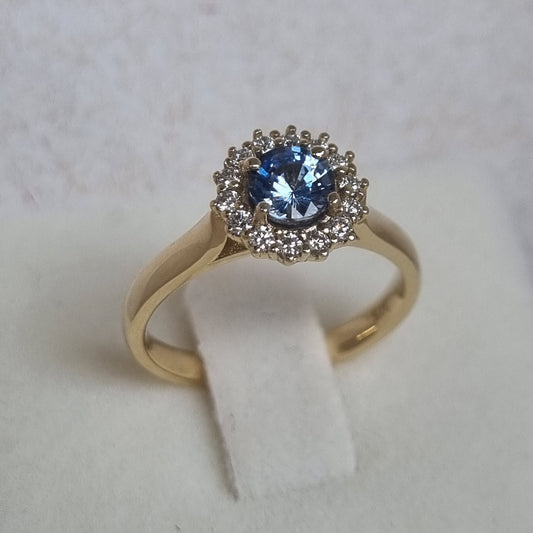 Ceylon Blue Sapphire and Diamond Claw set Halo Style Ring   Design Ref: D359