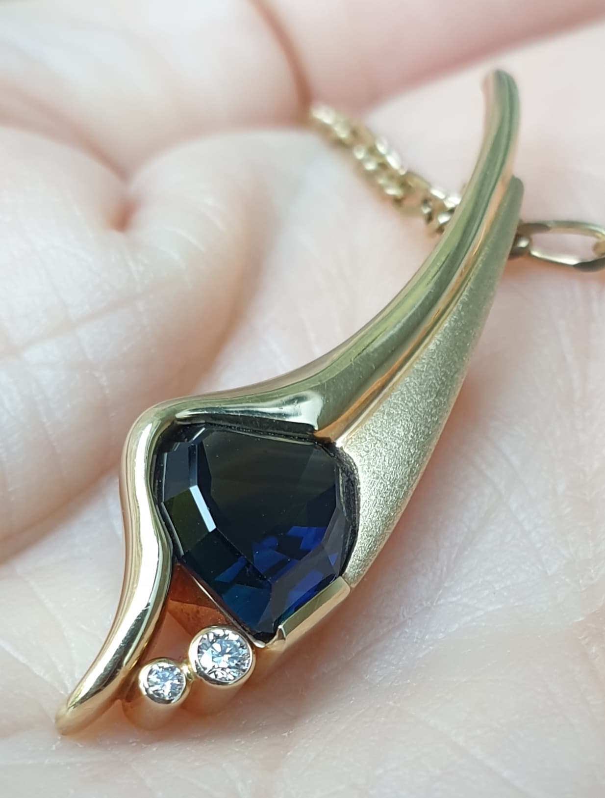 Shield Cut Natural Blue Sapphire & Diamond Contemporary Pendant