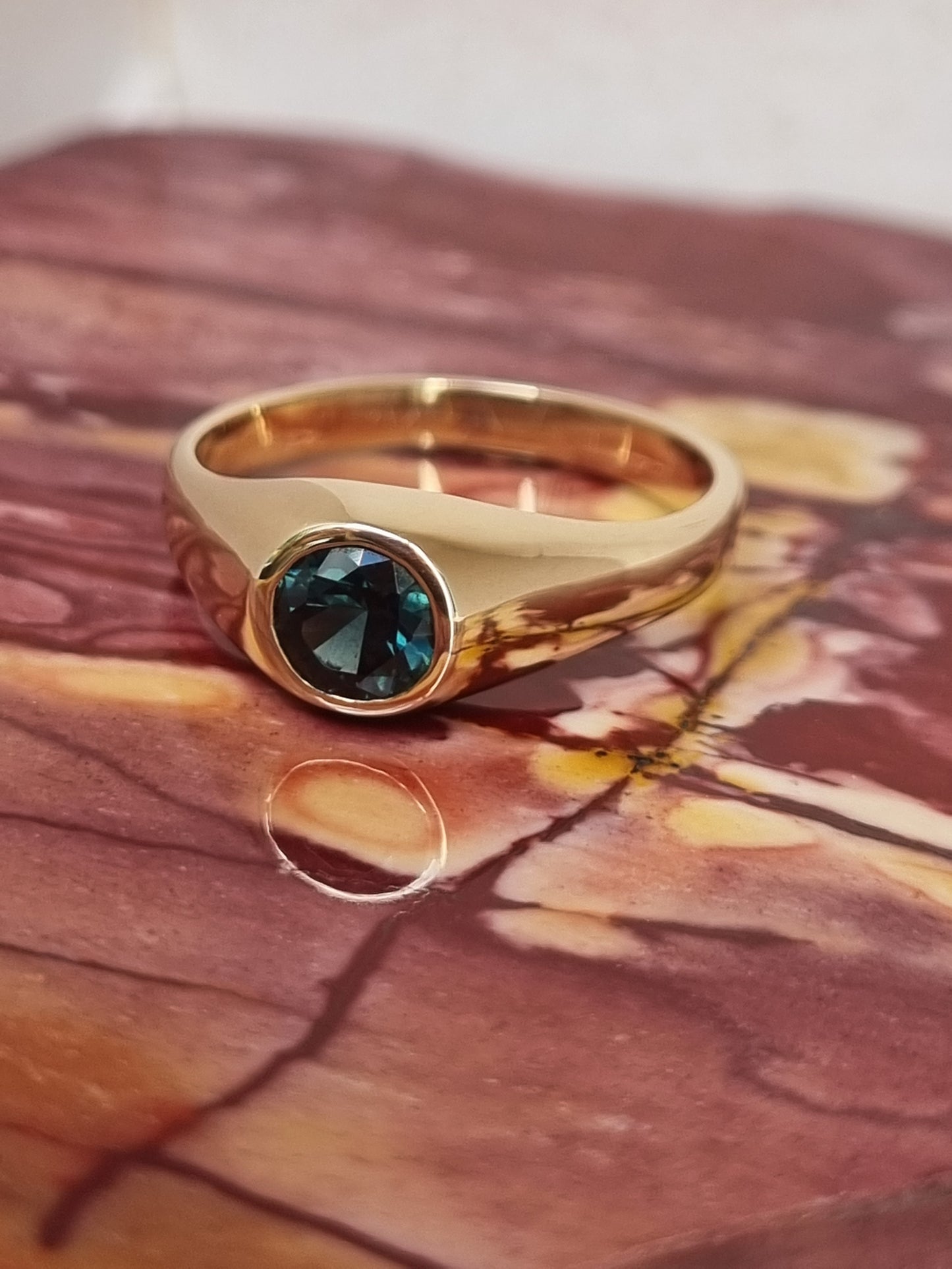 Solitaire Rubbed In Style Natural Australian Teal Sapphire Ring