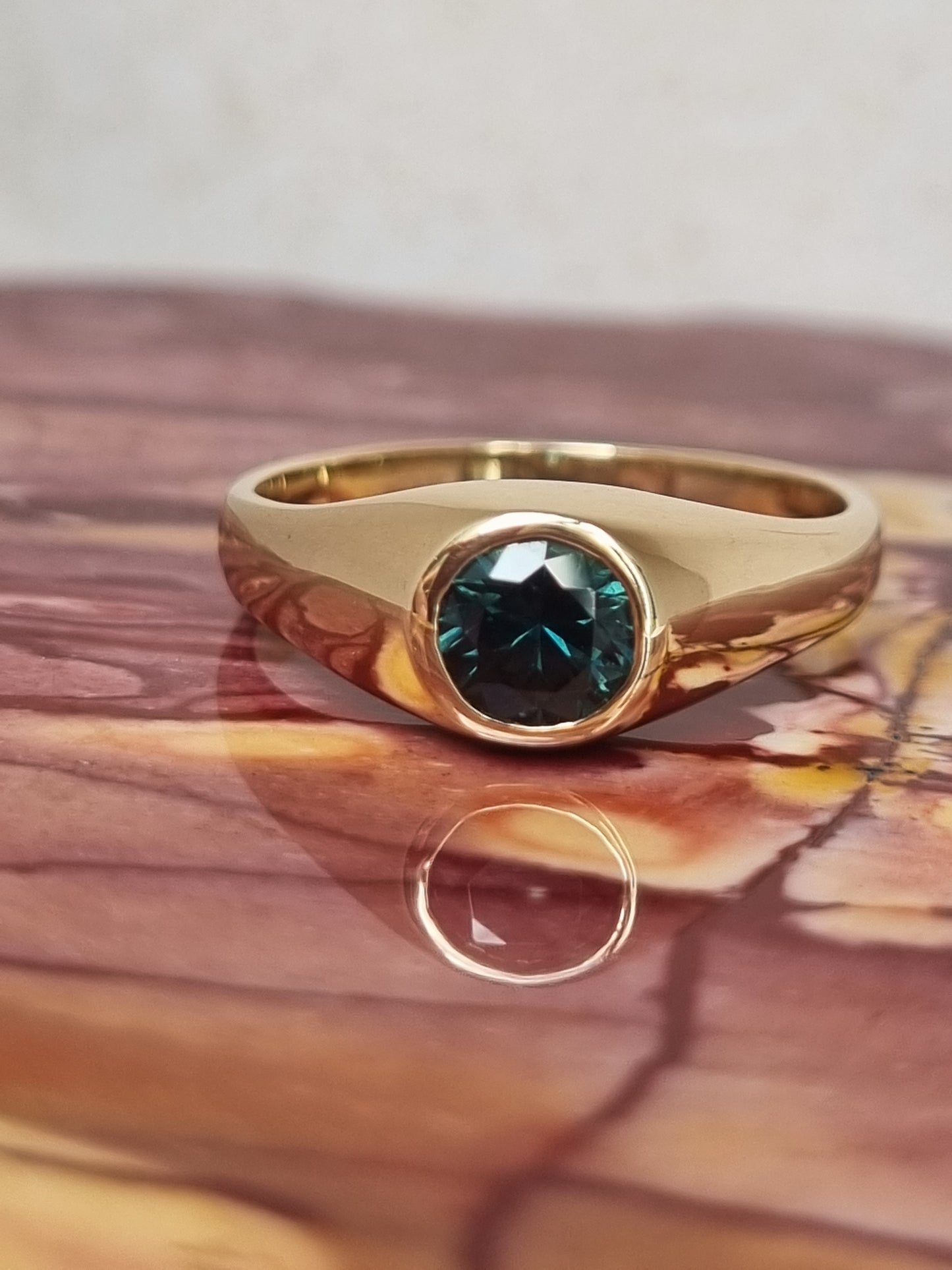 Solitaire Rubbed In Style Natural Australian Teal Sapphire Ring