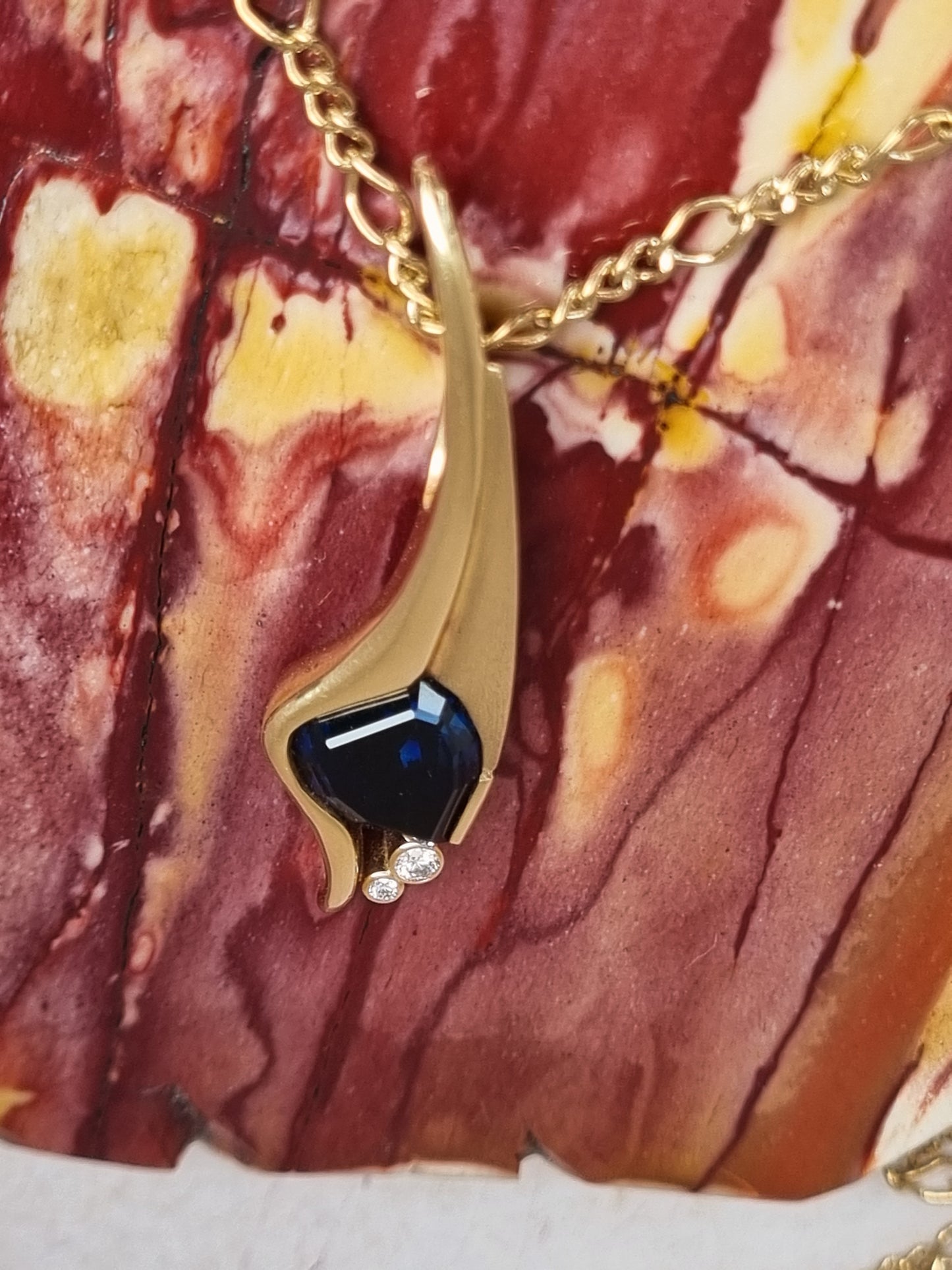 Shield Cut Natural Blue Sapphire & Diamond Contemporary Pendant