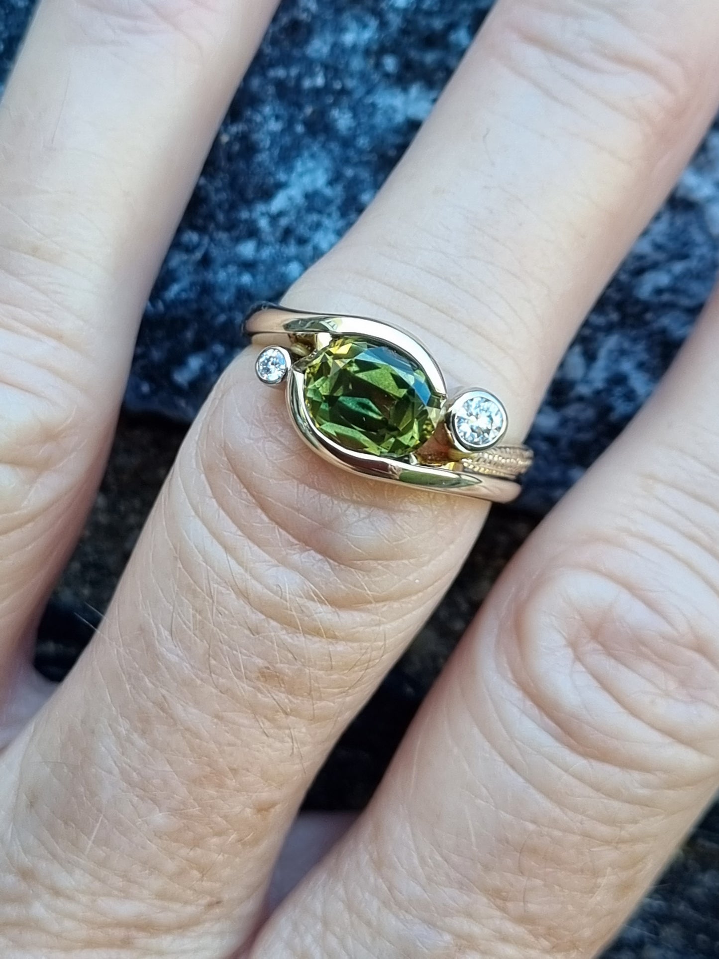 Natural Green/Gold Parti Sapphire & Diamond Half Textured Wrap Ring