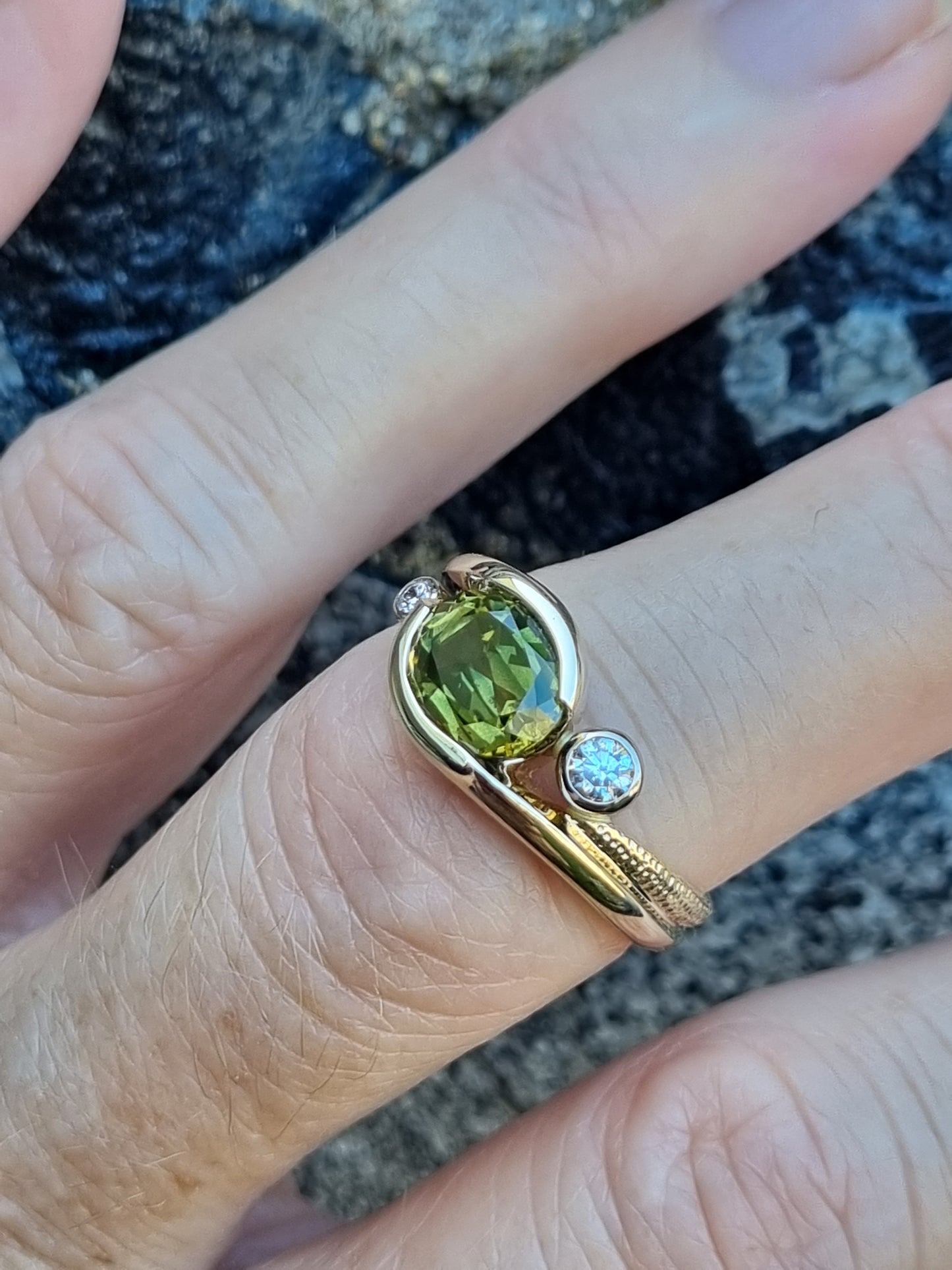 Natural Green/Gold Parti Sapphire & Diamond Half Textured Wrap Ring