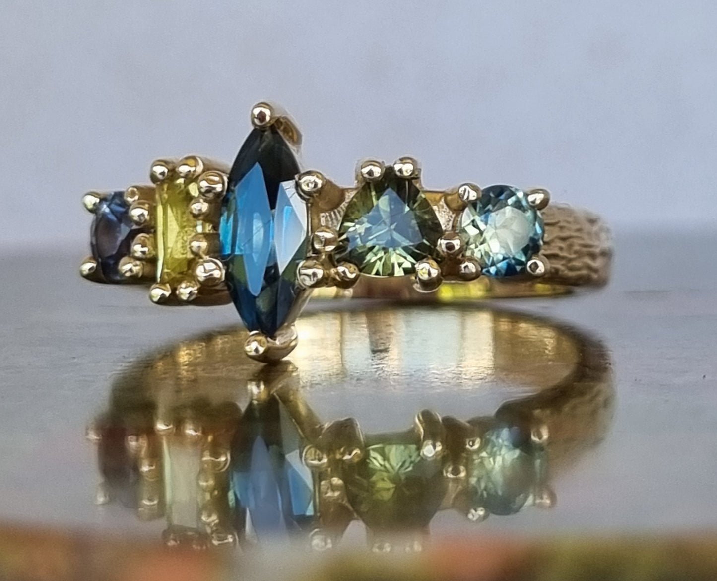 Colourful Sapphire Multistone ring with textured band #01051