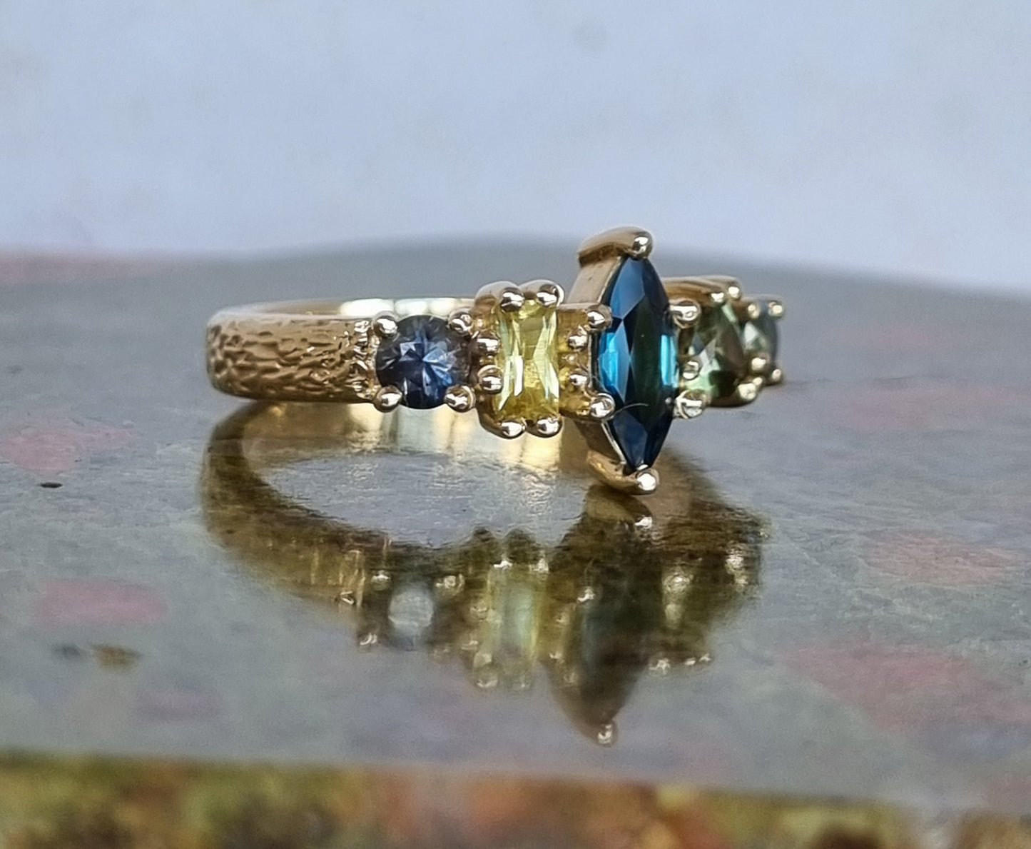 Colourful Sapphire Multistone ring with textured band #01051