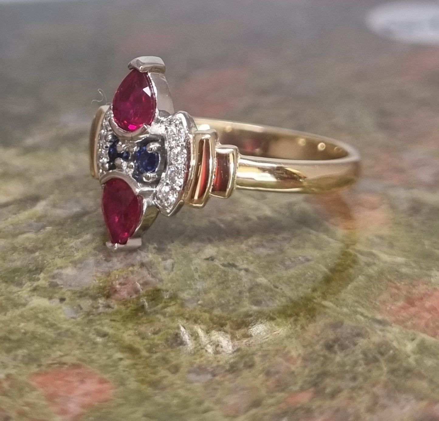 Art Deco Style Ruby, Sapphire and Diamond ring design #01972